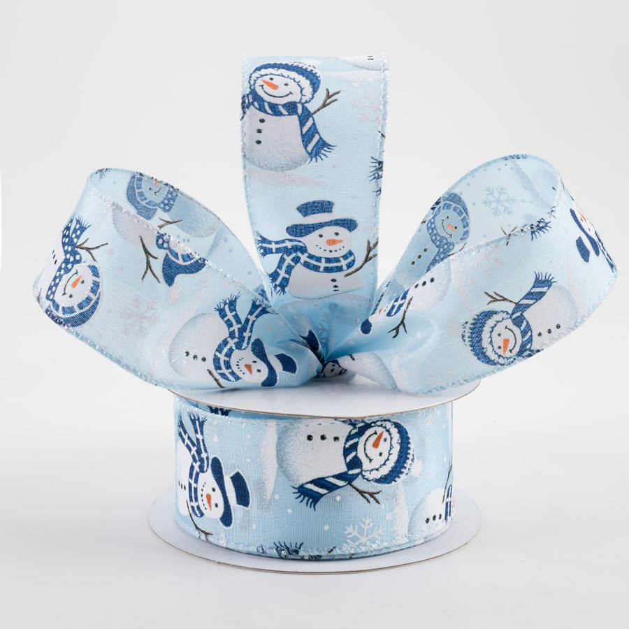 1.5" Satin Glitter Snowman & Snowflakes Ribbon: Light Blue (10 Yards) Lifestyle Photo