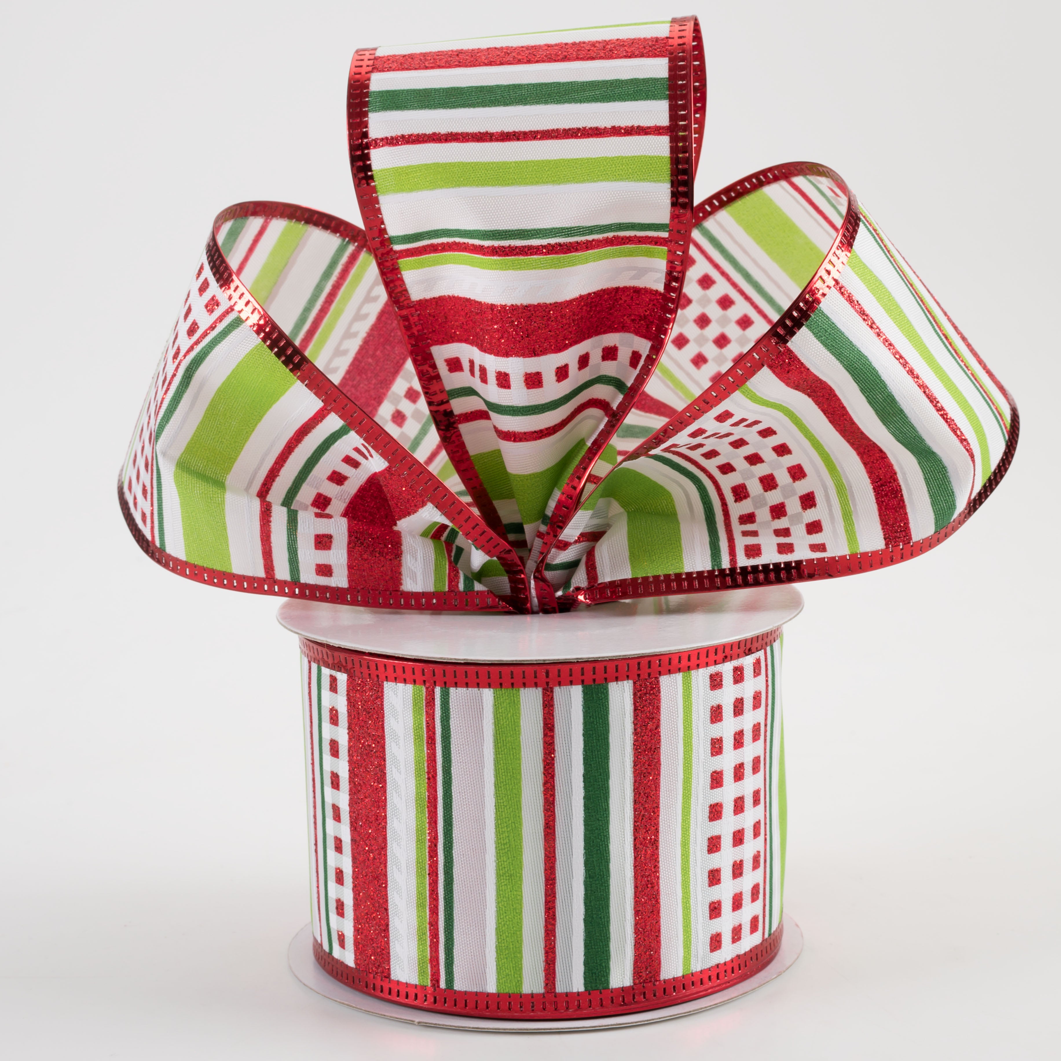 2.5" Satin Glitter Stripe Metallic Edge Ribbon: Green, Lime, Red (10 Yards) Lifestyle Photo