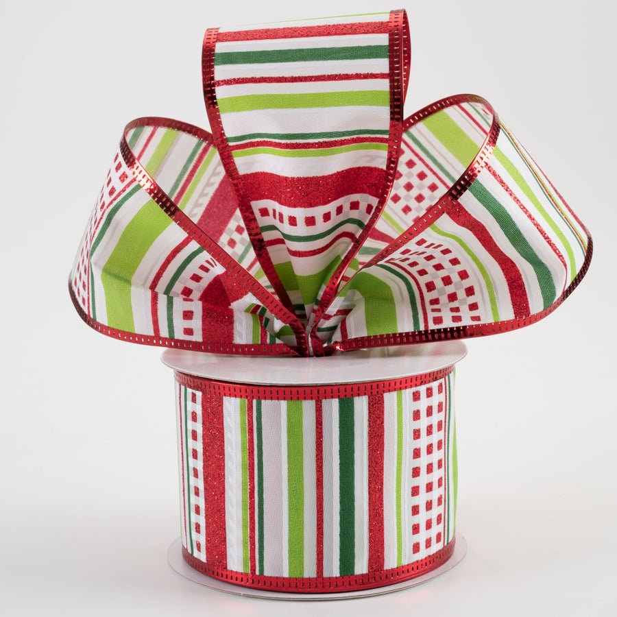 2.5" Satin Glitter Stripe Metallic Edge Ribbon: Green, Lime, Red (10 Yards) Lifestyle Photo