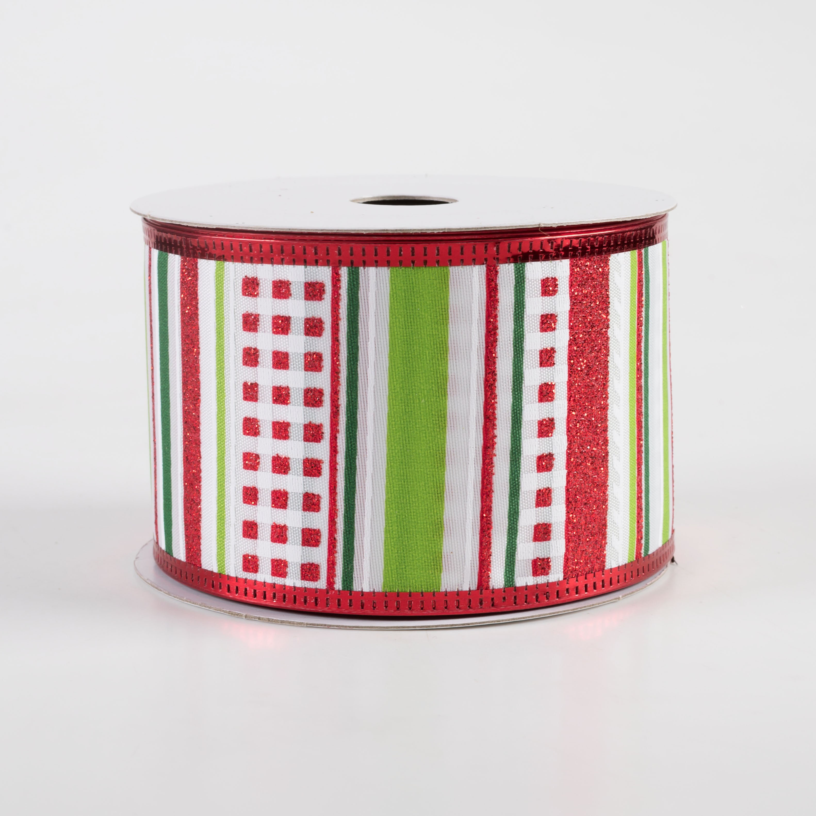 2.5" Satin Glitter Stripe Metallic Edge Ribbon: Green, Lime, Red (10 Yards)