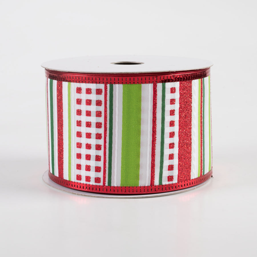 2.5" Satin Glitter Stripe Metallic Edge Ribbon: Green, Lime, Red (10 Yards)