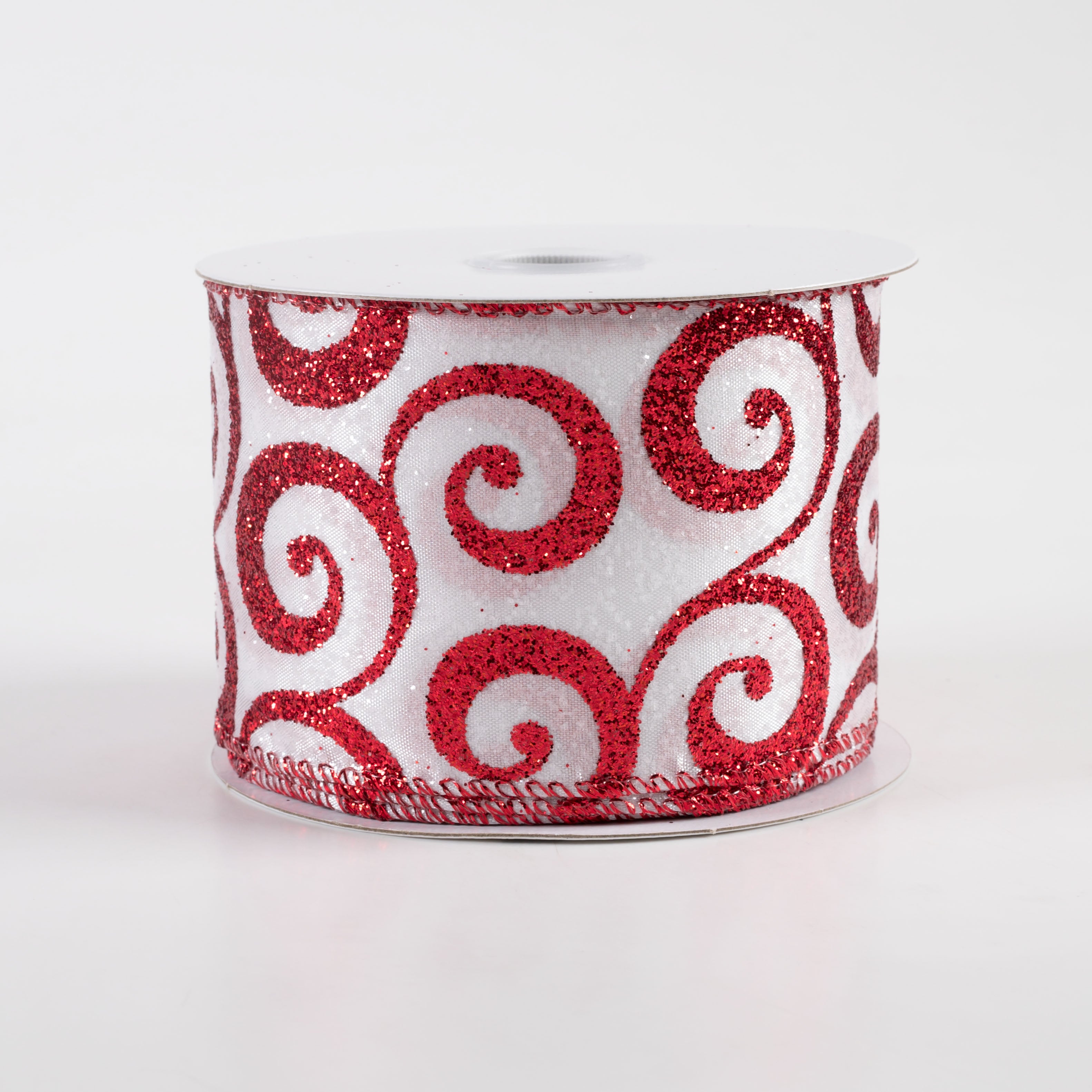 2.5" Satin Glitter Swirl Ribbon: White & Red (10 Yards)