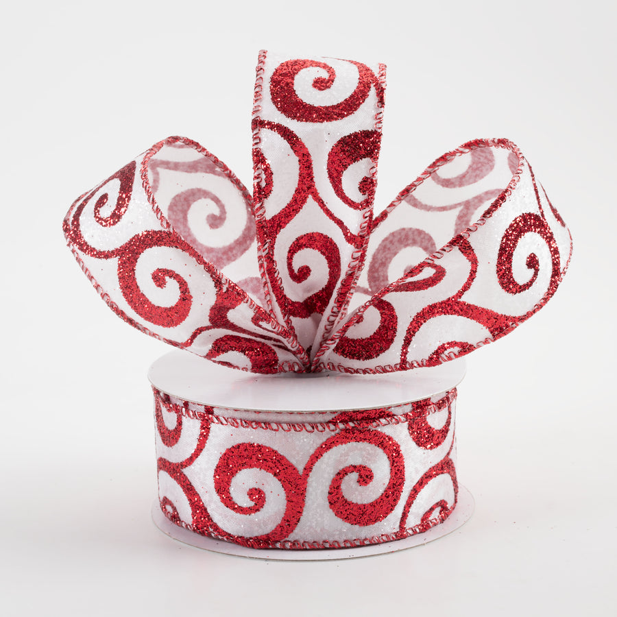 1.5" Satin Glitter Swirl Ribbon: White & Red (10 Yards) Lifestyle Photo