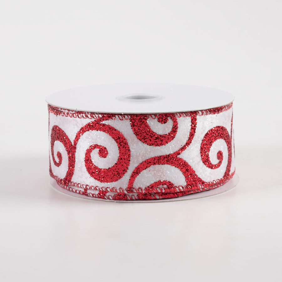 1.5" Satin Glitter Swirl Ribbon: White & Red (10 Yards)