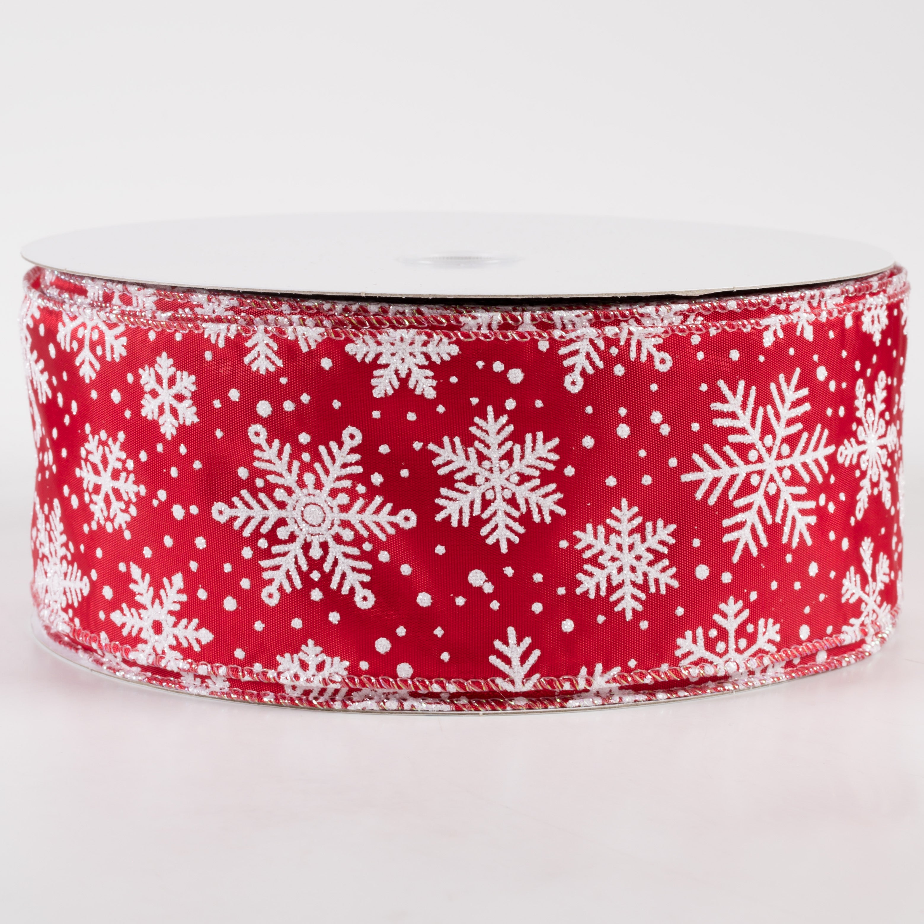 2.5" Satin Glittered Snowflakes Ribbon: Red (50 Yards)