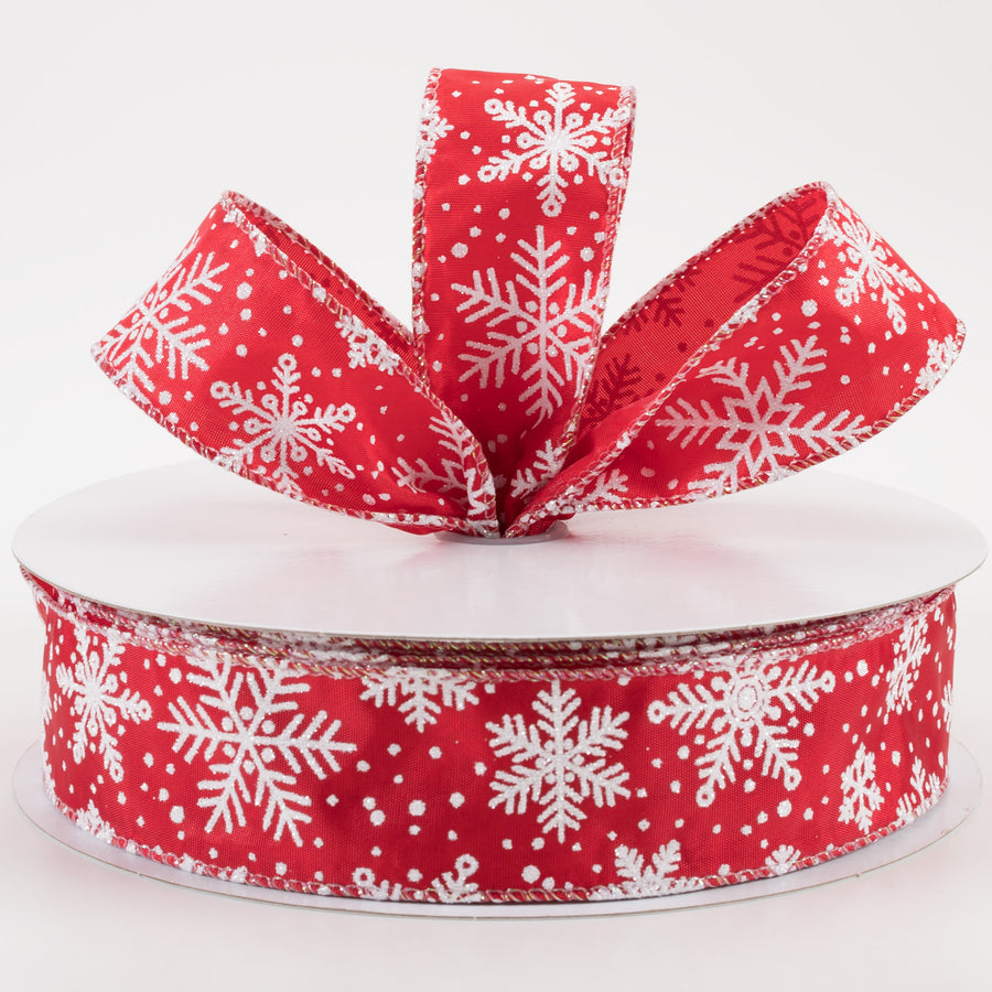 1.5" Satin Glittered Snowflakes Ribbon: Red (50 Yards) Lifestyle Photo
