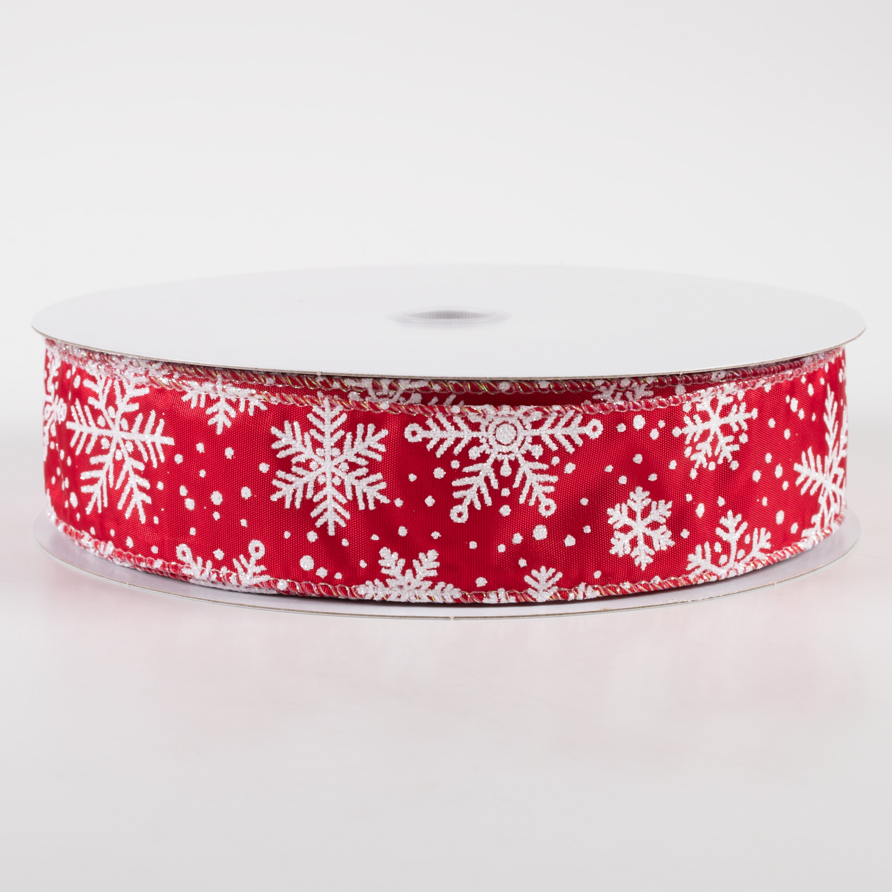 1.5" Satin Glittered Snowflakes Ribbon: Red (50 Yards)