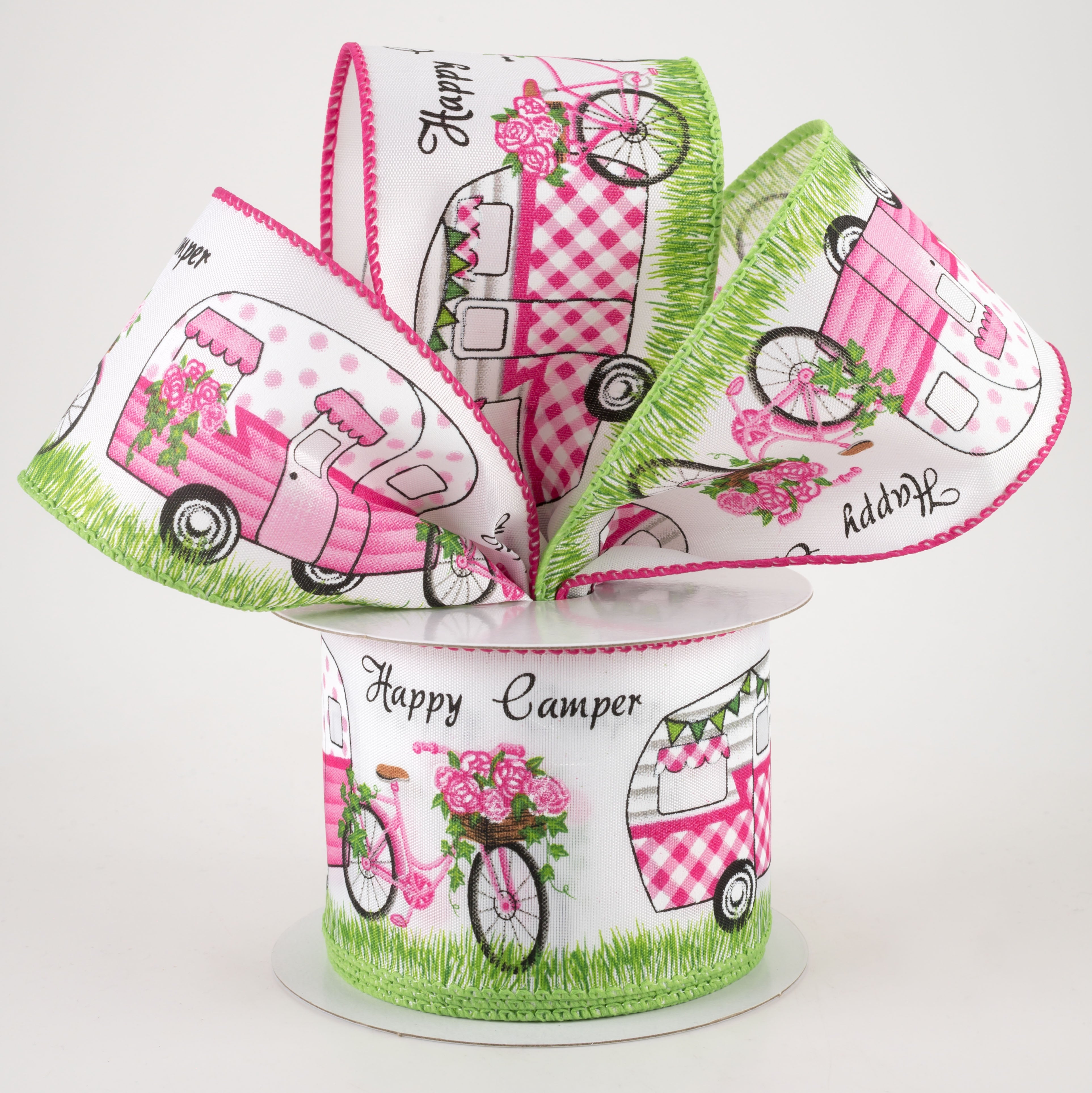2.5" Satin Happy Camper Bicycles Ribbon (10 Yards) Lifestyle Photo