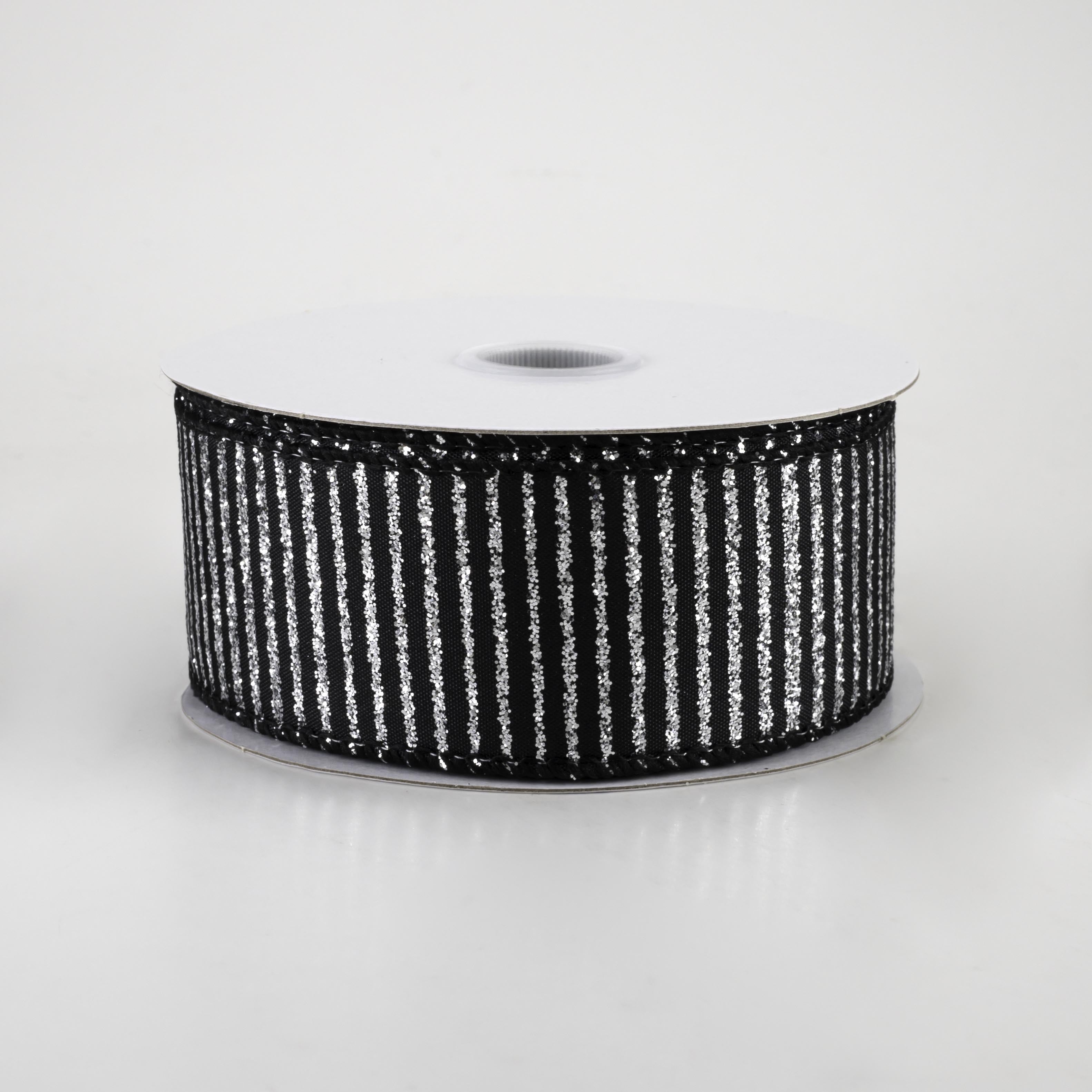 1.5" Satin Horizontal Glitter Stripe Ribbon: Silver on Black (10 Yards)