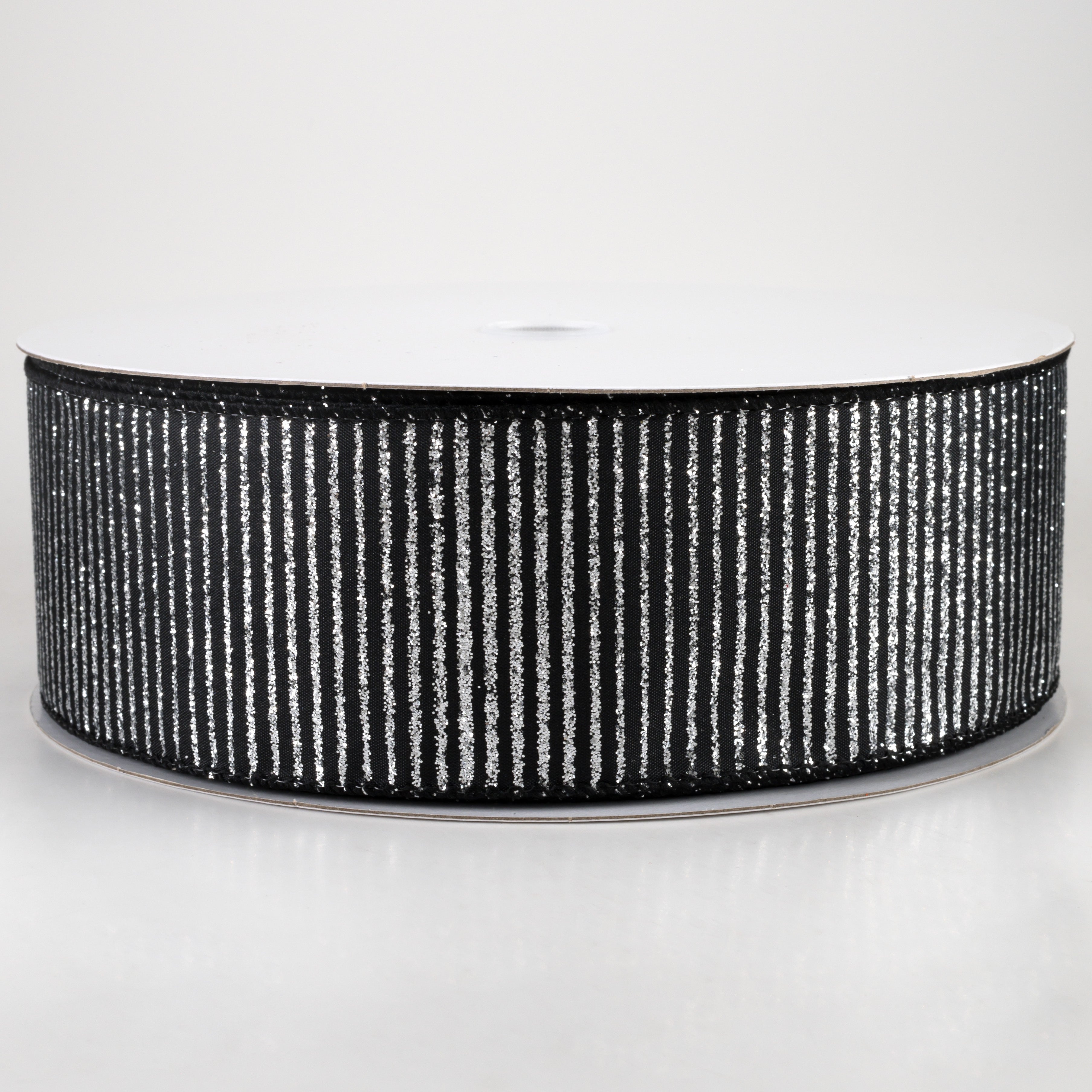 2.5" Satin Horizontal Glitter Stripe Ribbon: Silver on Black (50 Yards)