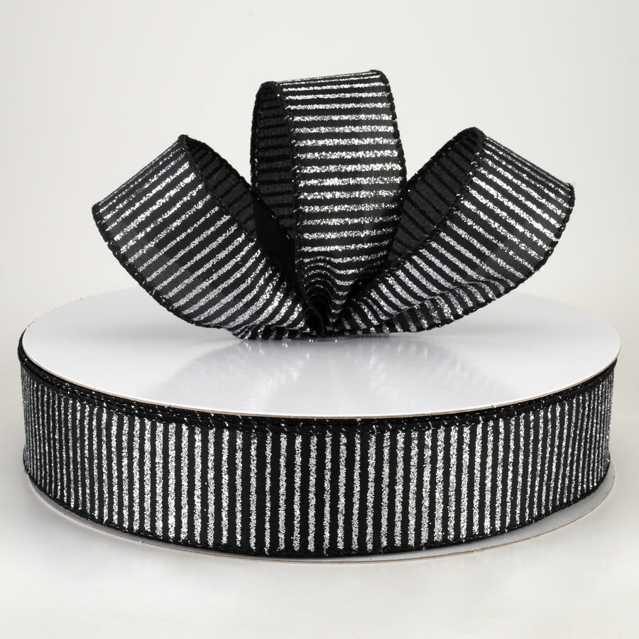 1.5" Satin Horizontal Glitter Stripe Ribbon: Silver on Black (50 Yards) Lifestyle Photo