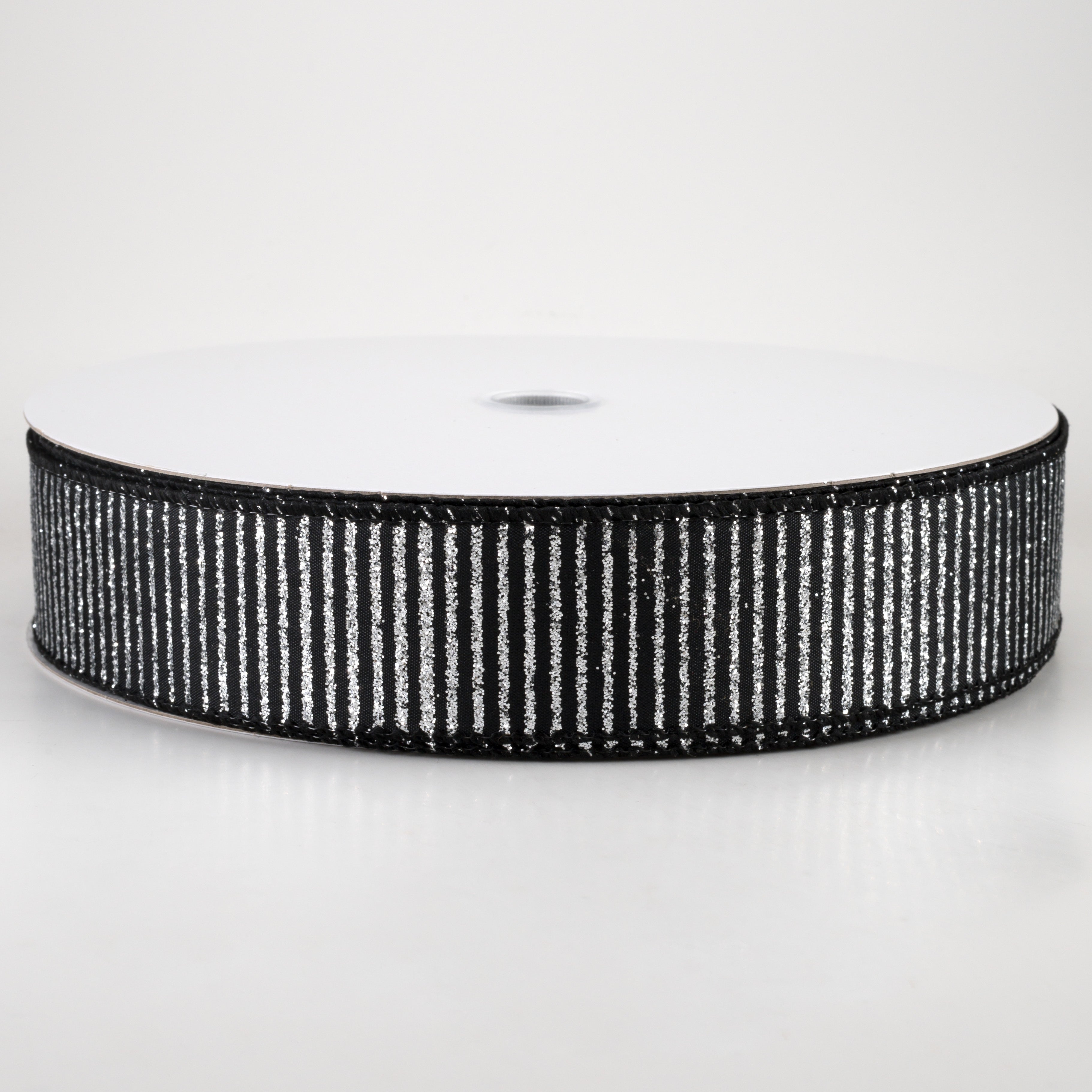 1.5" Satin Horizontal Glitter Stripe Ribbon: Silver on Black (50 Yards)