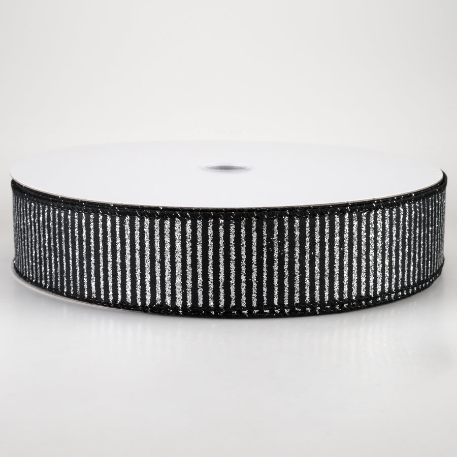1.5" Satin Horizontal Glitter Stripe Ribbon: Silver on Black (50 Yards)