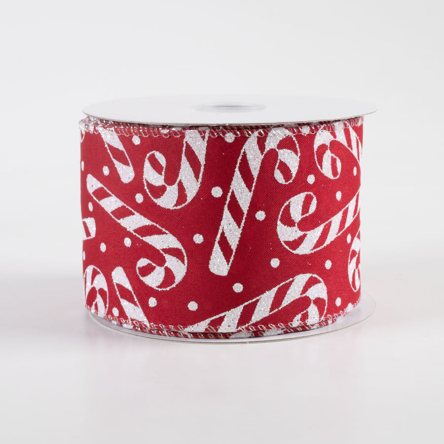 2.5" Satin Iridescent Glitter Candy Cane & Dots Ribbon: Dark Red (10 Yards) Item Number: 71391-40-12