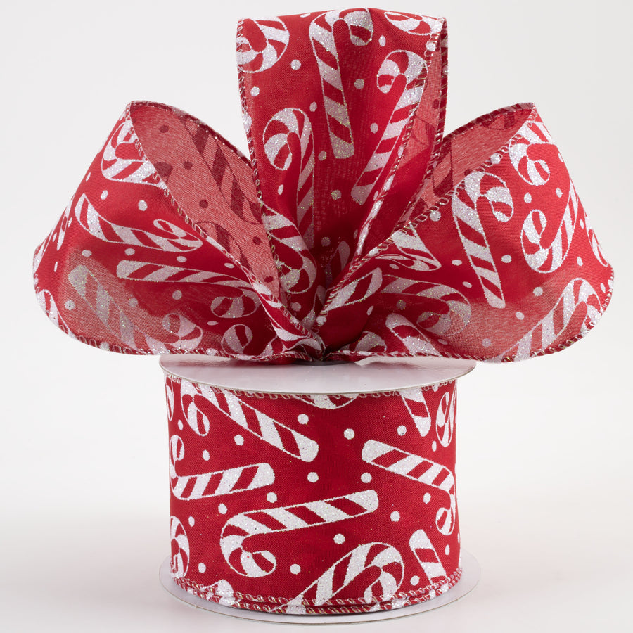 2.5" Satin Iridescent Glitter Candy Cane & Dots Ribbon: Dark Red (10 Yards) Lifestyle Photo