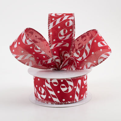 1.5" Satin Iridescent Glitter Candy Cane & Dots Ribbon: Dark Red (10 Yards) Lifestyle Photo