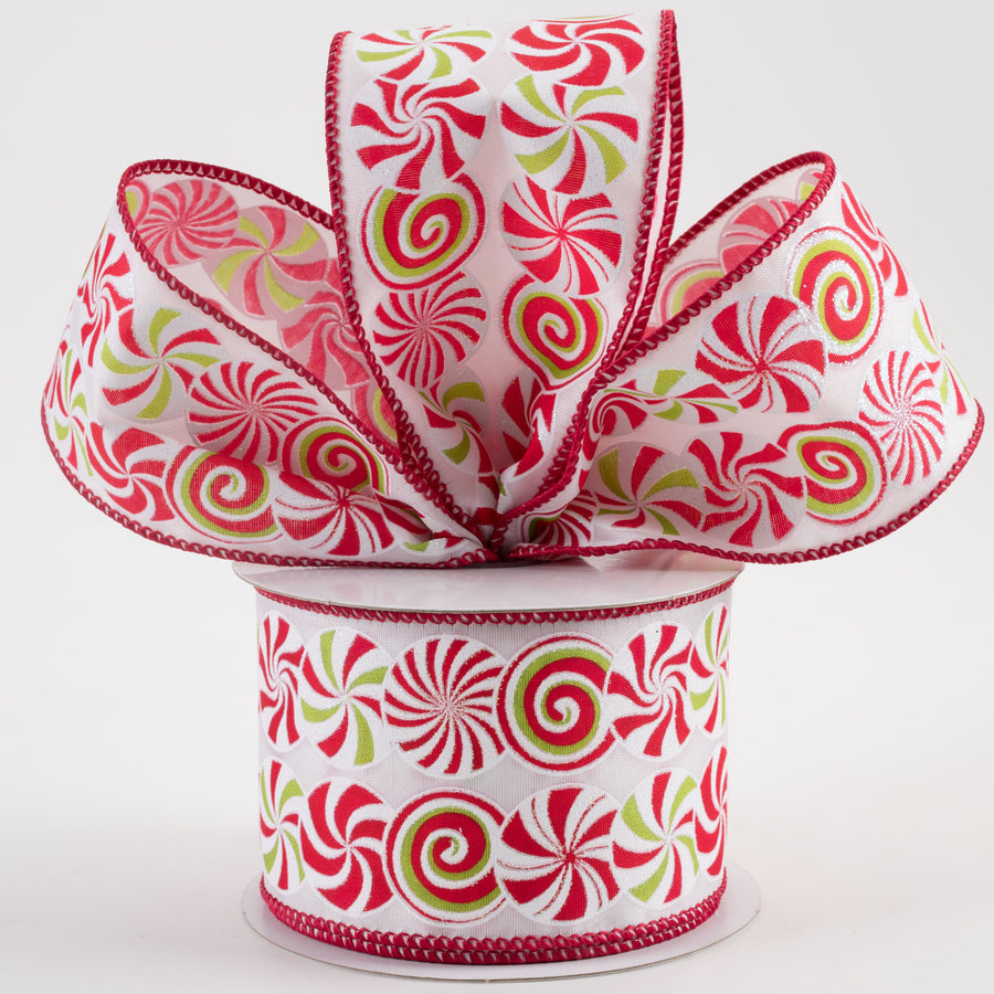 2.5" Satin Iridescent Glitter Peppermint Candies Ribbon (10 Yards) Lifestyle Photo