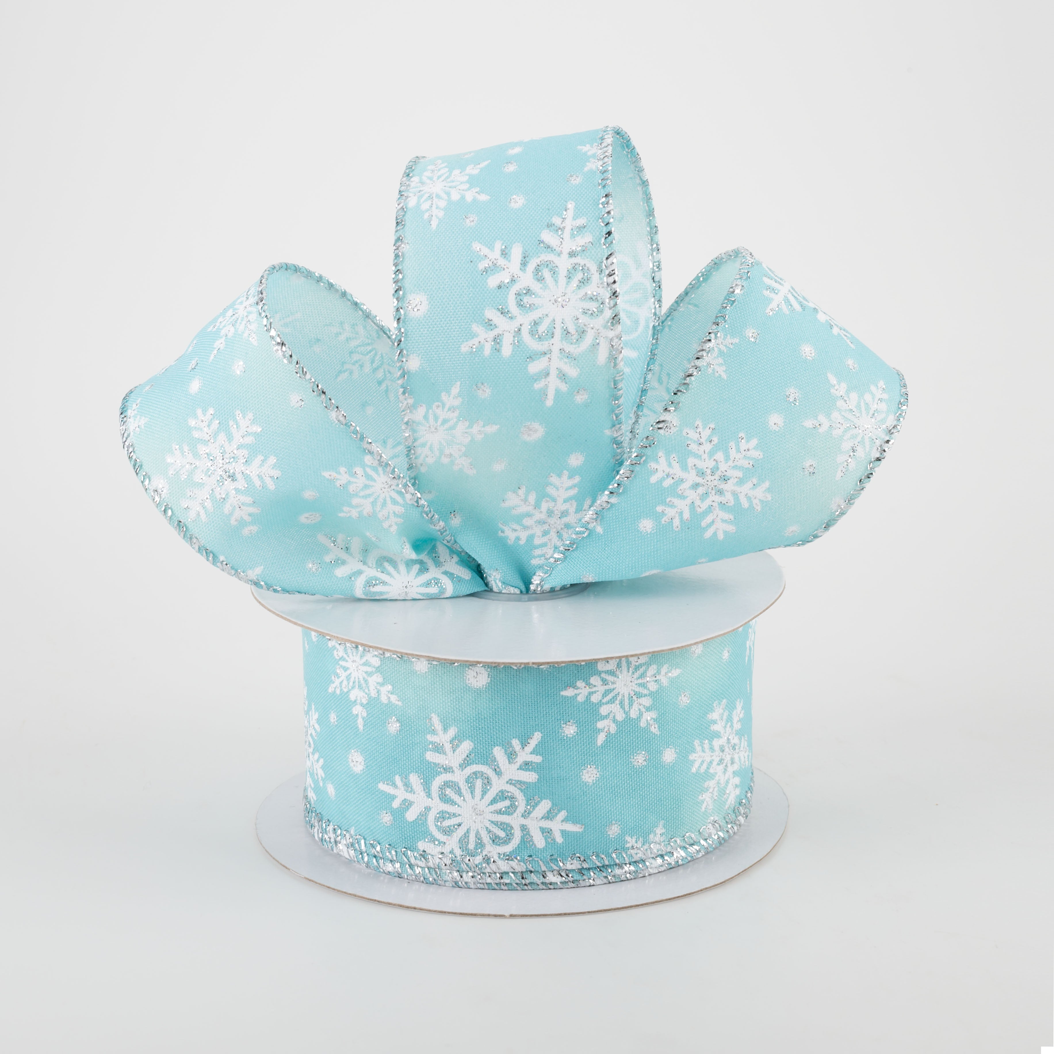 1.5" Satin Iridescent Snowflake Ribbon: Teal (10 Yards) Lifestyle Photo