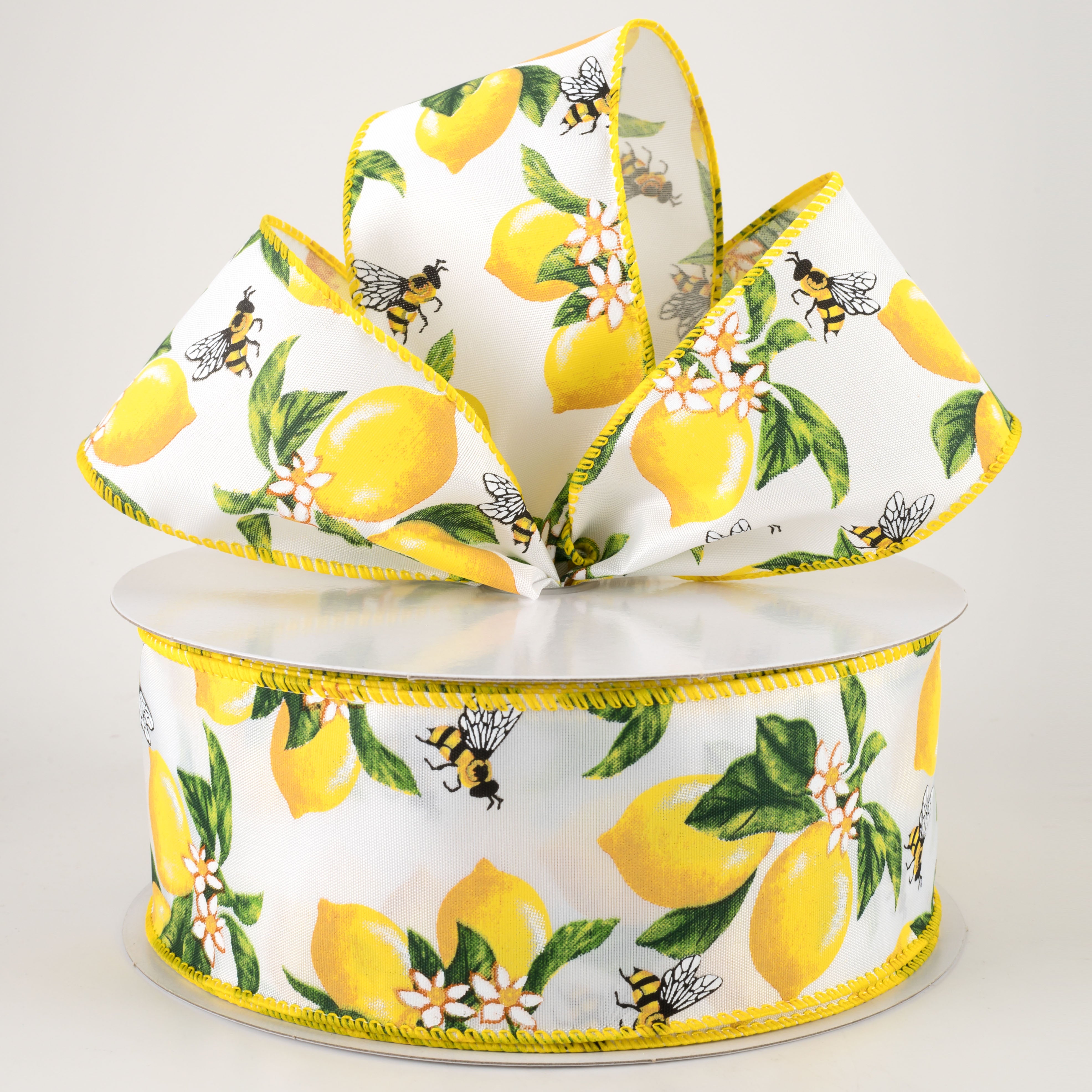 2.5" Satin Lemons & Bees Ribbon: White (50 Yards) Lifestyle Photo
