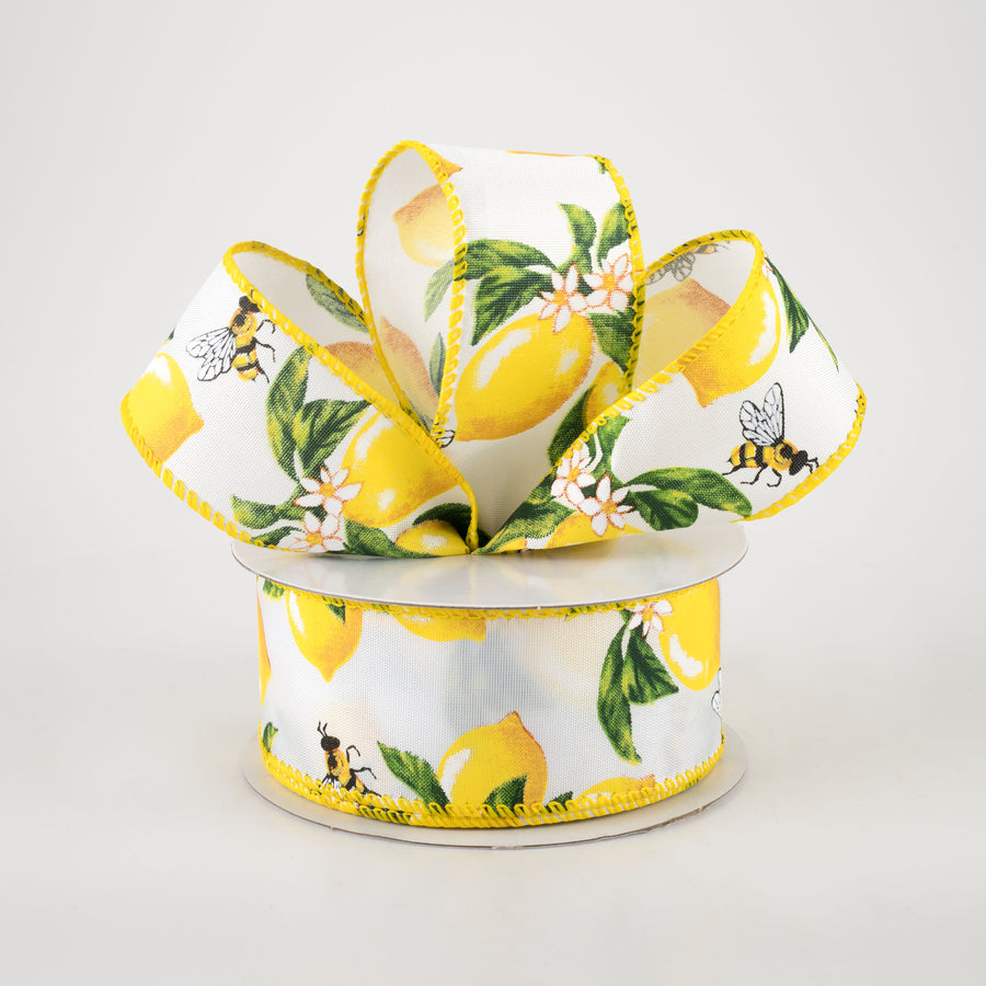 1.5" Satin Lemons & Bees Ribbon: White (10 Yards) Lifestyle Photo