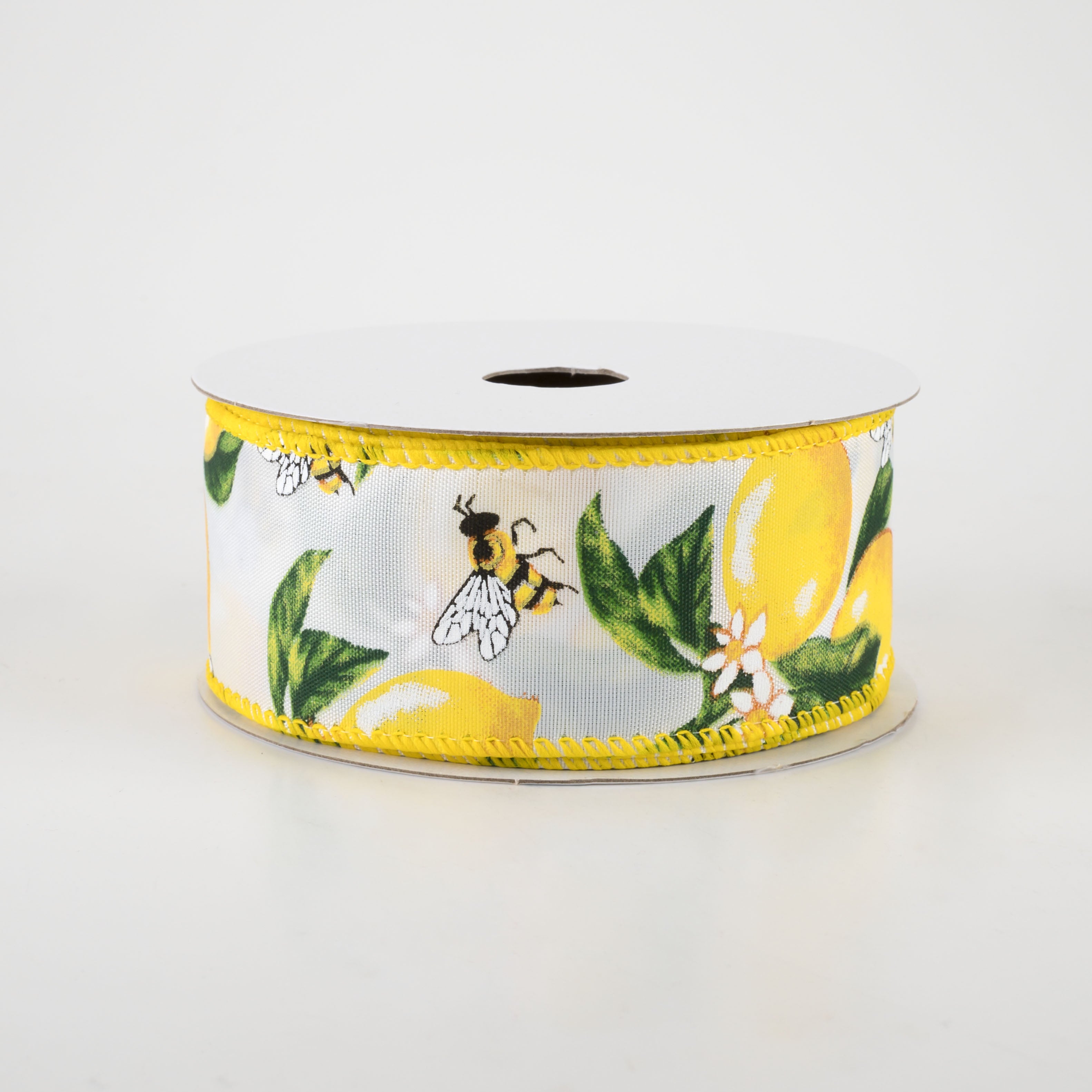 1.5" Satin Lemons & Bees Ribbon: White (10 Yards)