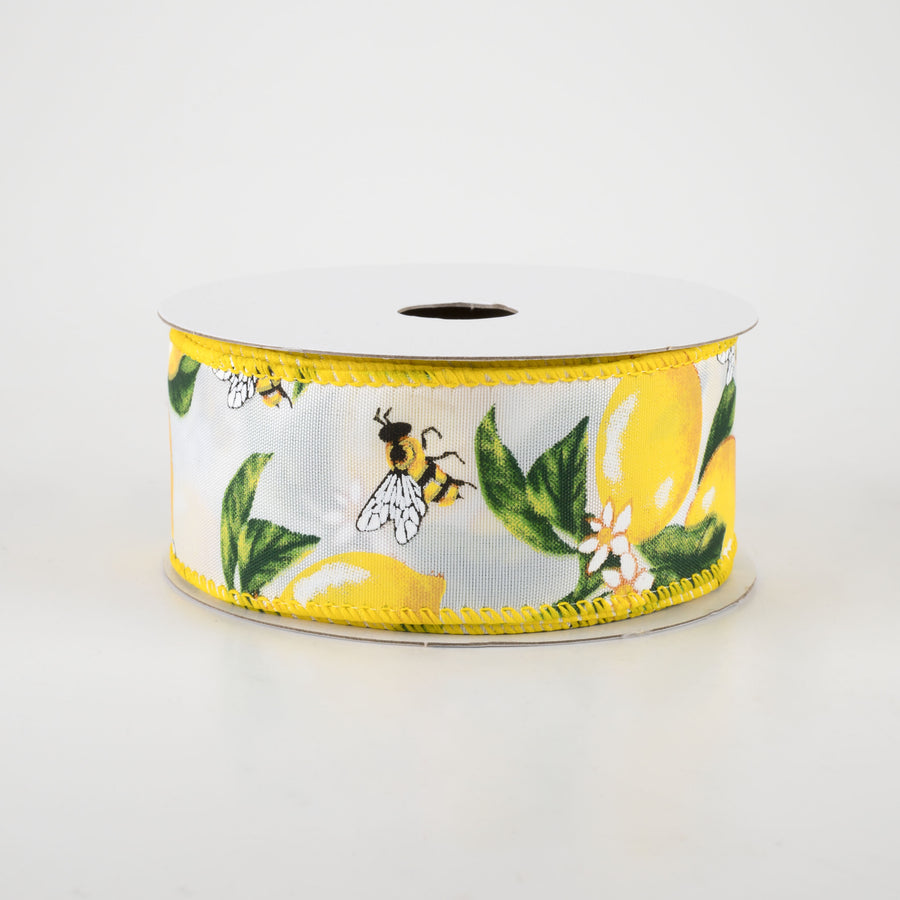 1.5" Satin Lemons & Bees Ribbon: White (10 Yards)