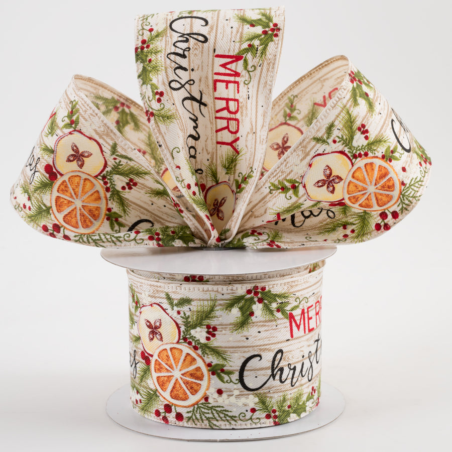 2.5" Satin Merry Christmas Dried Fruit Ribbon: Natural Bark (10 Yards) Lifestyle Photo