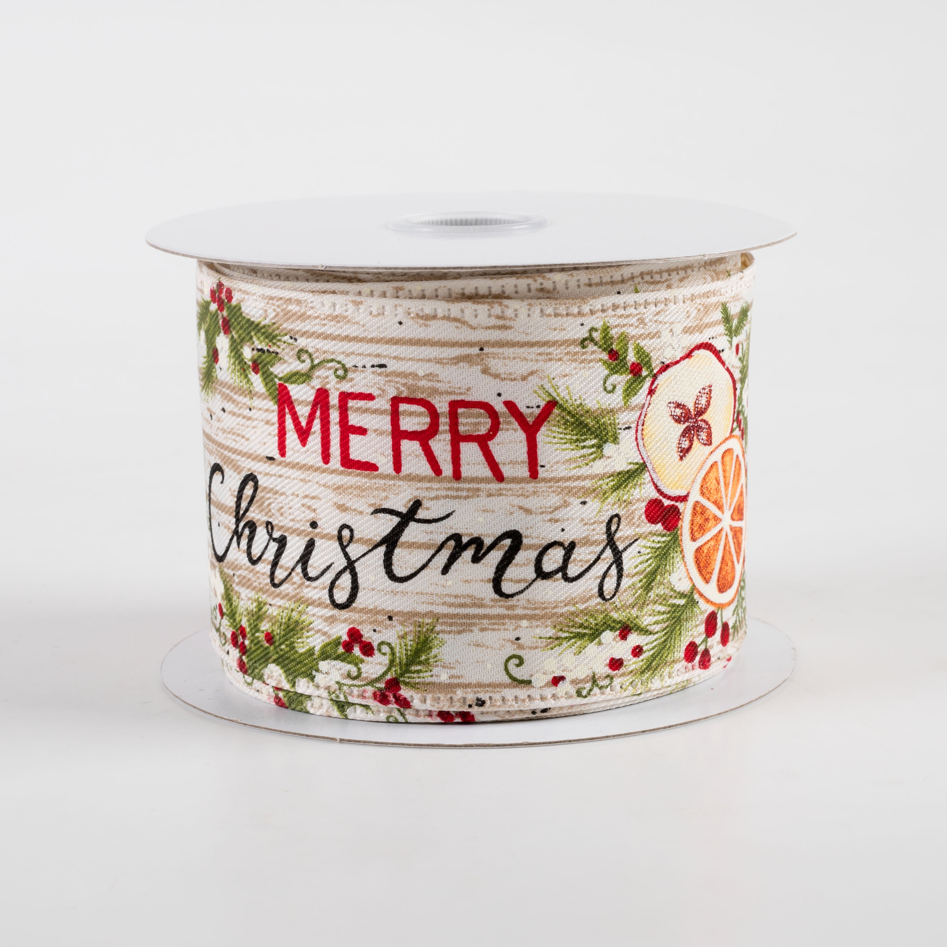 2.5" Satin Merry Christmas Dried Fruit Ribbon: Natural Bark (10 Yards)