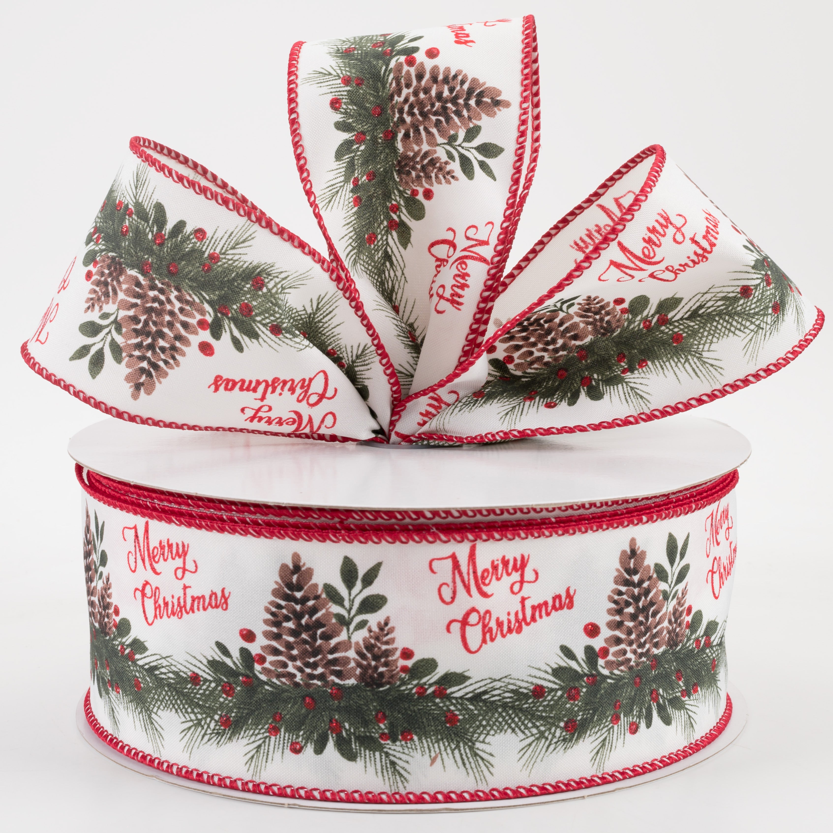 2.5" Satin Merry Christmas Mantle Pinecone Ribbon: White (50 Yards) Lifestyle Photo