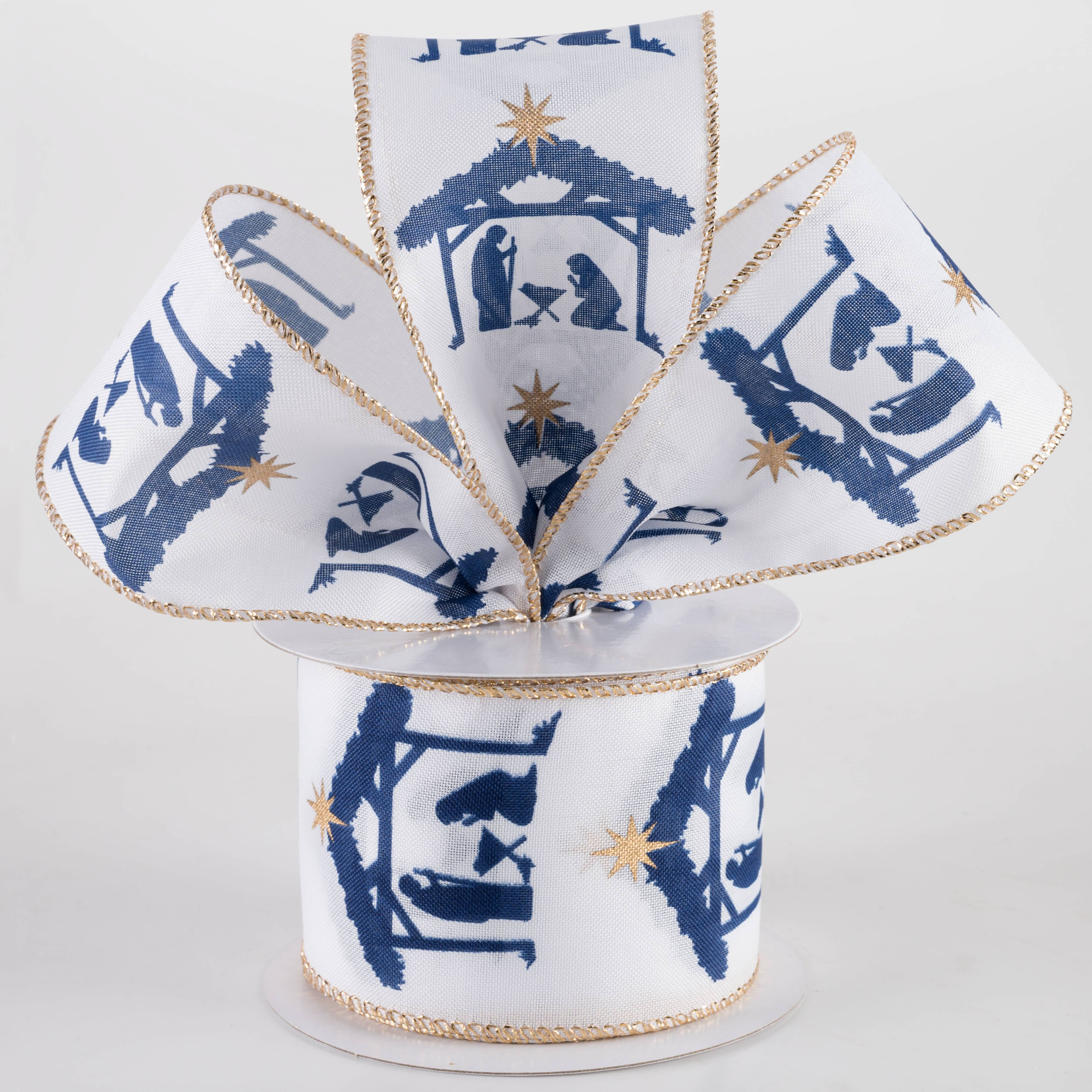 2.5" Satin Nativity Scene Ribbon: Navy on White (10 Yards) Lifestyle Photo