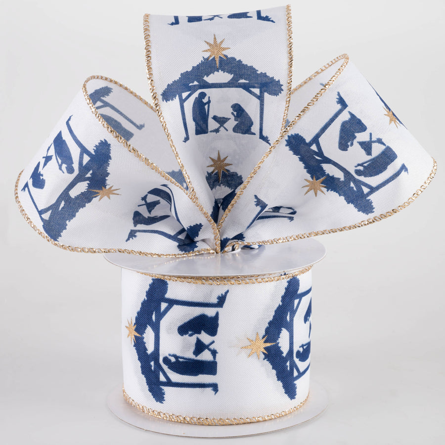 2.5" Satin Nativity Scene Ribbon: Navy on White (10 Yards) Lifestyle Photo