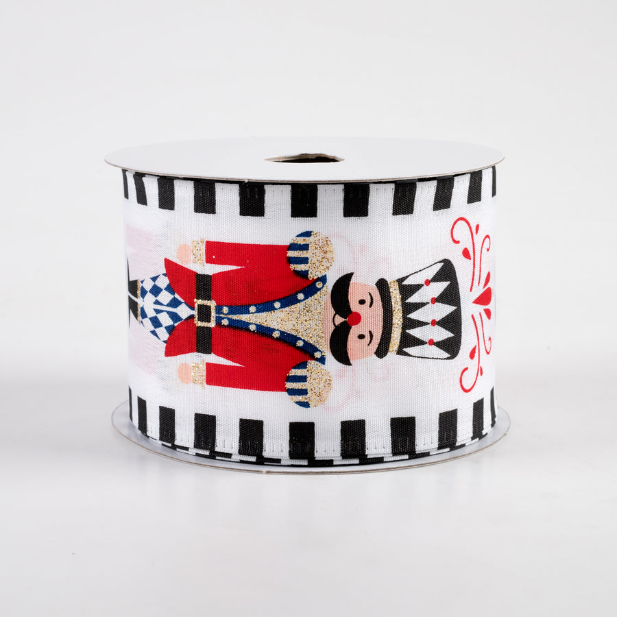 2.5" Satin Nutcracker Dash Edge Ribbon: White, Black, Blue (10 Yards)