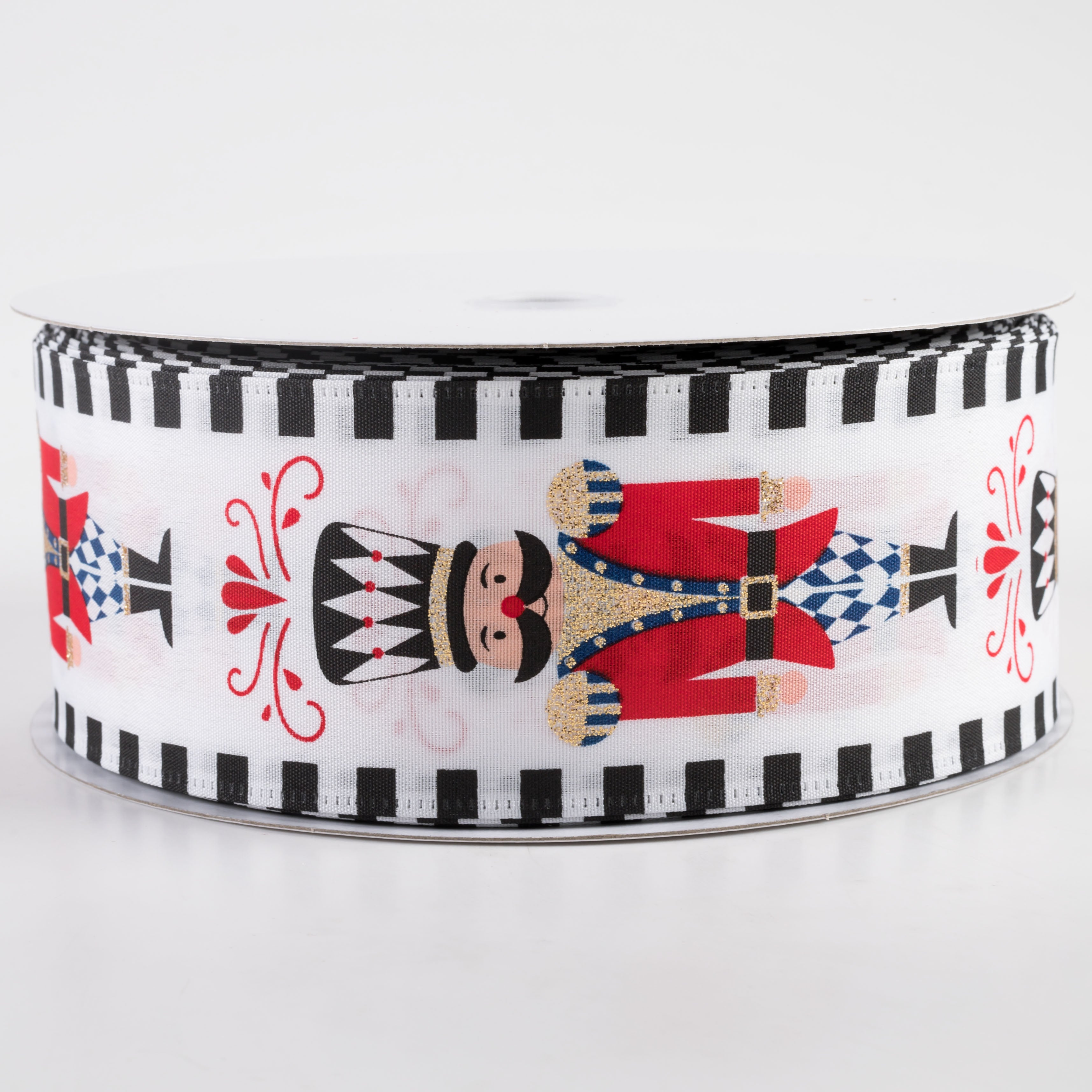 2.5" Satin Nutcracker Dash Edge Ribbon: White, Black, Blue (50 Yards)