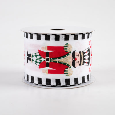 2.5" Satin Nutcracker Dash Edge Ribbon: White, Black, Green (10 Yards)