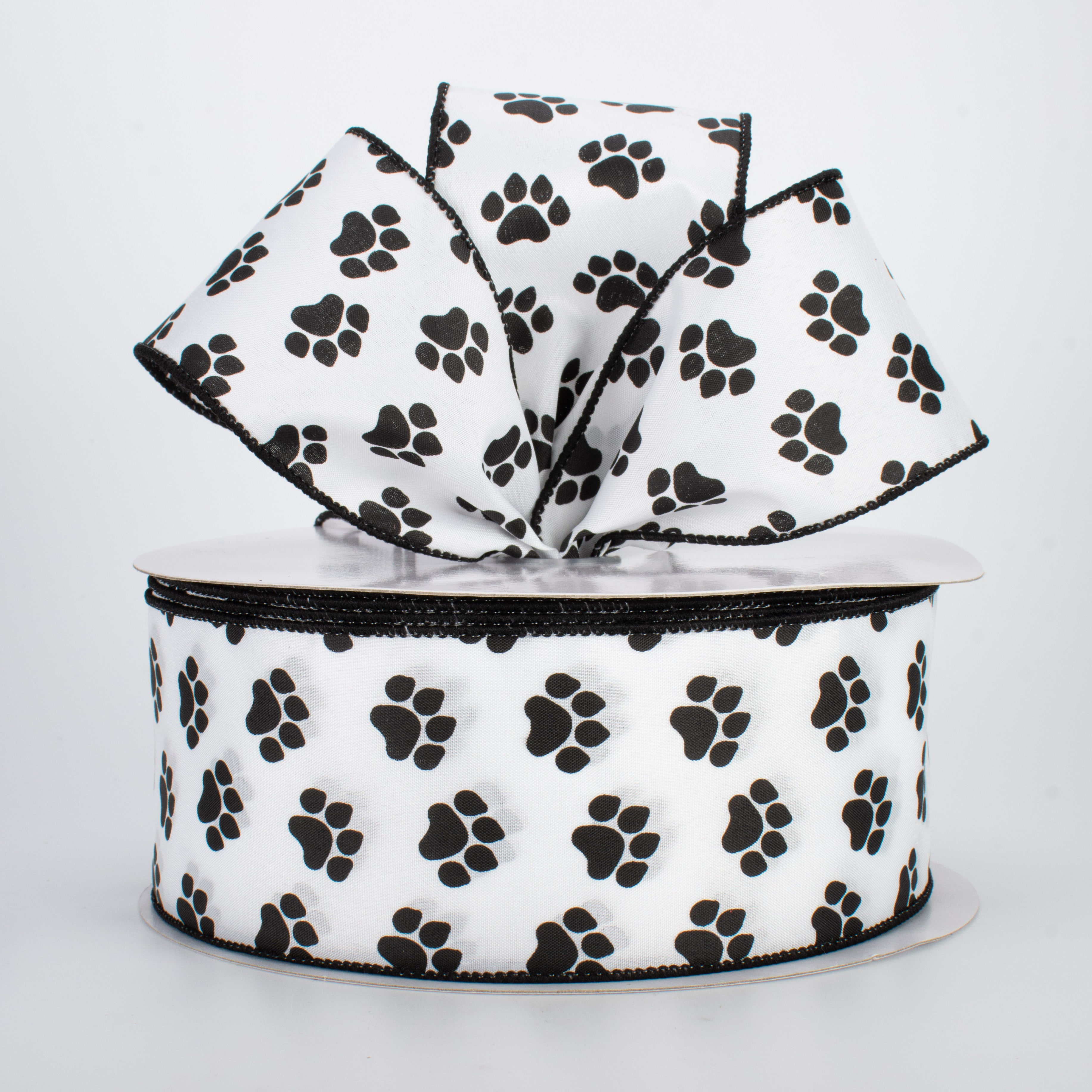 2.5" Satin Paw Print Ribbon: Black & White (50 Yards) Lifestyle Photo