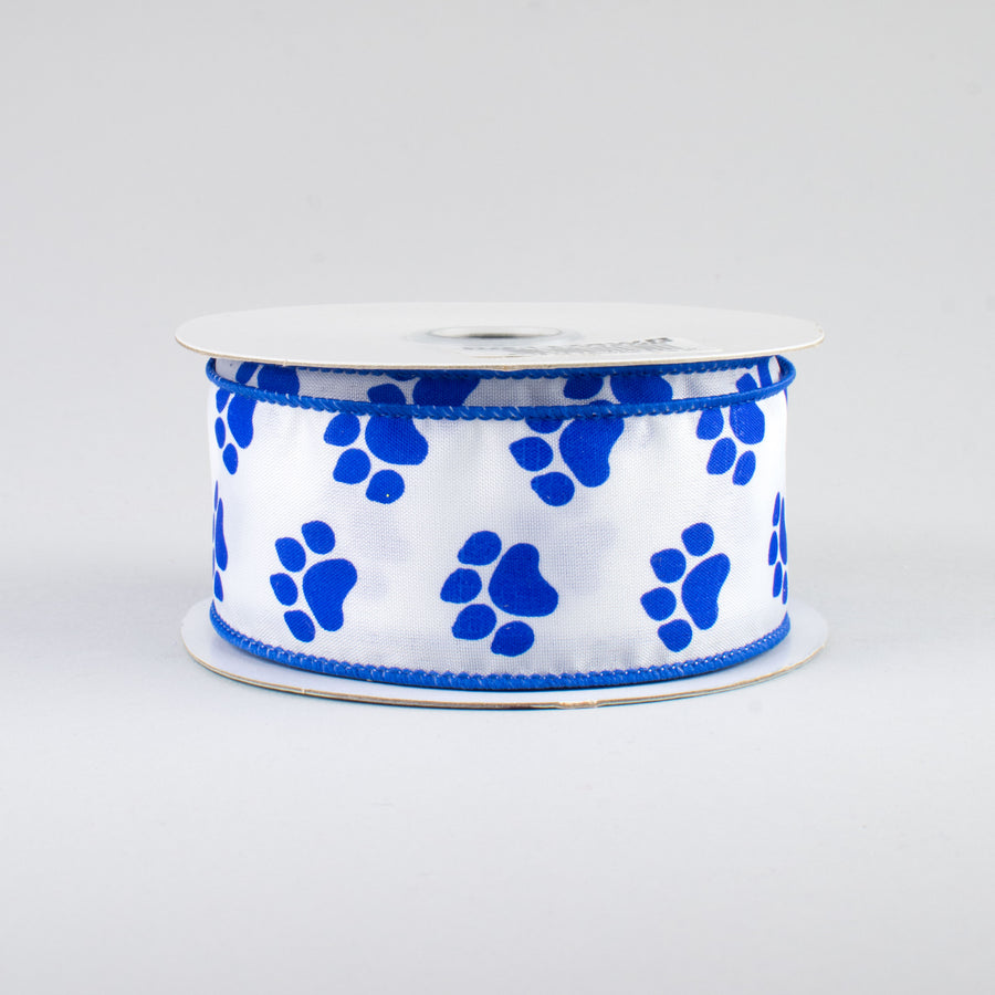 1.5" Satin Paw Print Ribbon: Blue & White (10 Yards)