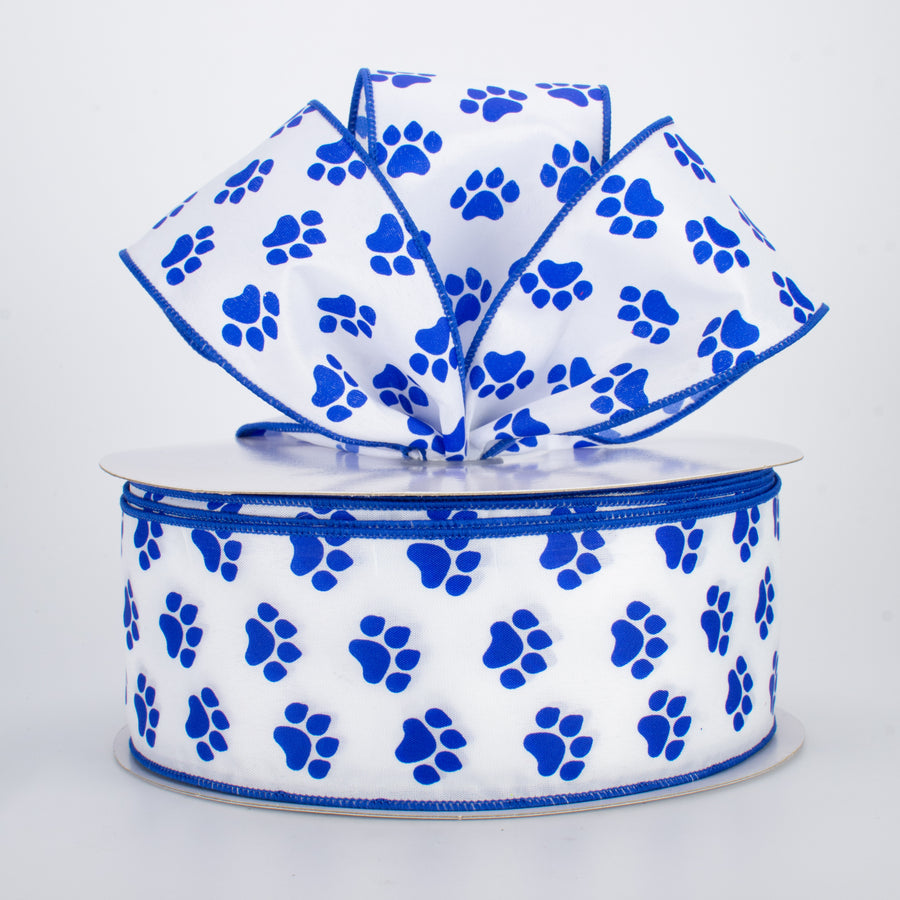 2.5" Satin Paw Print Ribbon: Blue & White (50 Yards) Lifestyle Photo