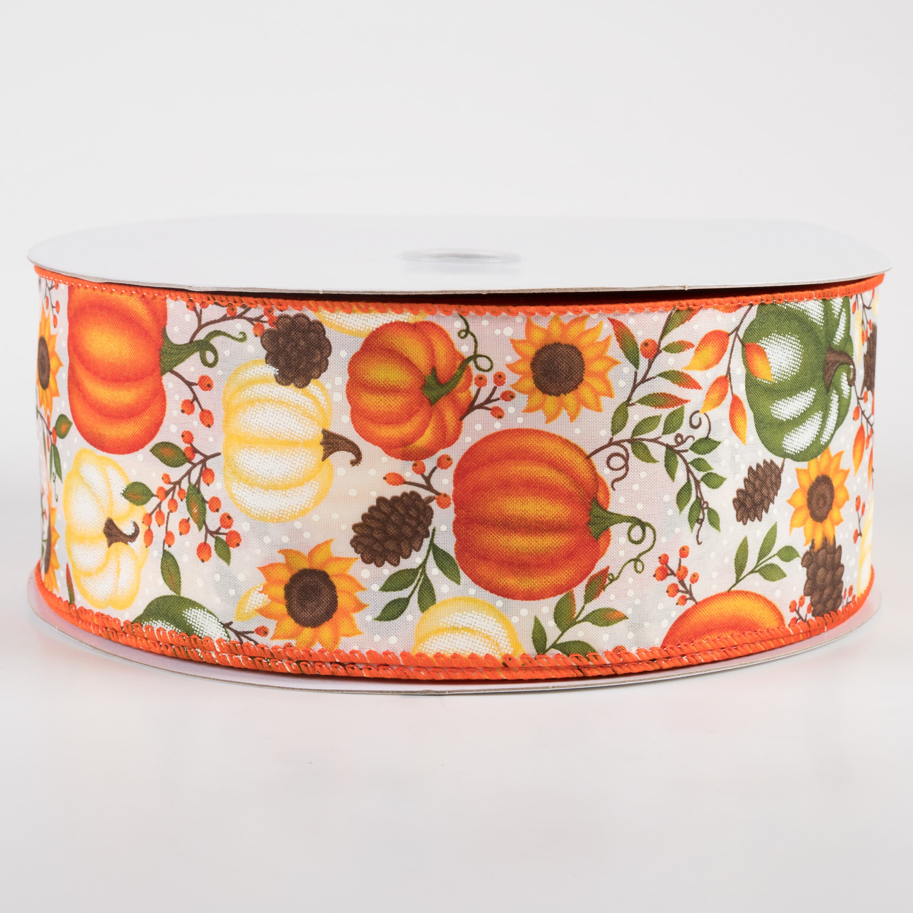 2.5" Satin Pumpkins & Sunflowers Ribbon: Cream (50 Yards)