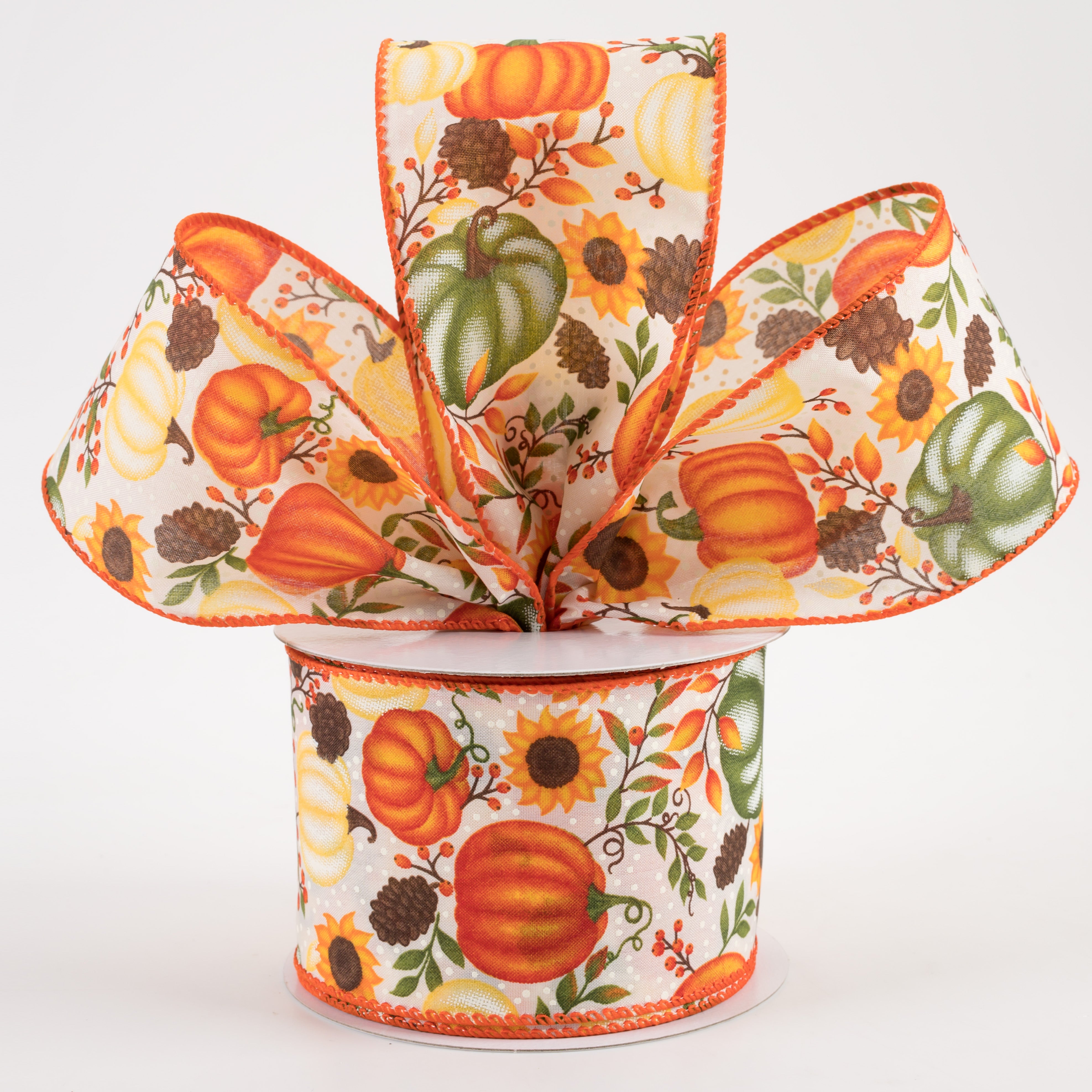 2.5" Satin Pumpkins & Sunflowers Ribbon: Cream (10 Yards) Lifestyle Photo