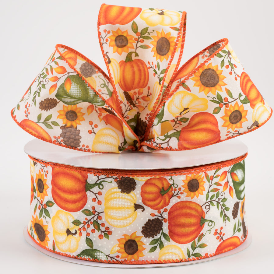2.5" Satin Pumpkins & Sunflowers Ribbon: Cream (50 Yards) Lifestyle Photo
