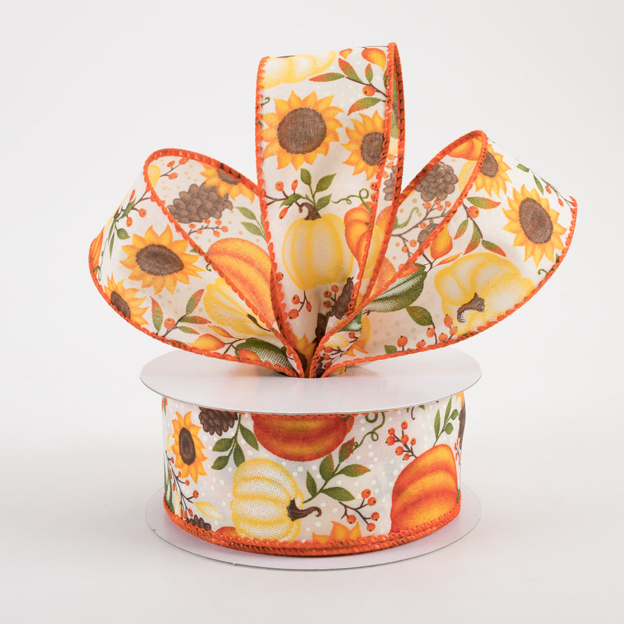 1.5" Satin Pumpkins & Sunflowers Ribbon: Cream (10 Yards) Lifestyle Photo