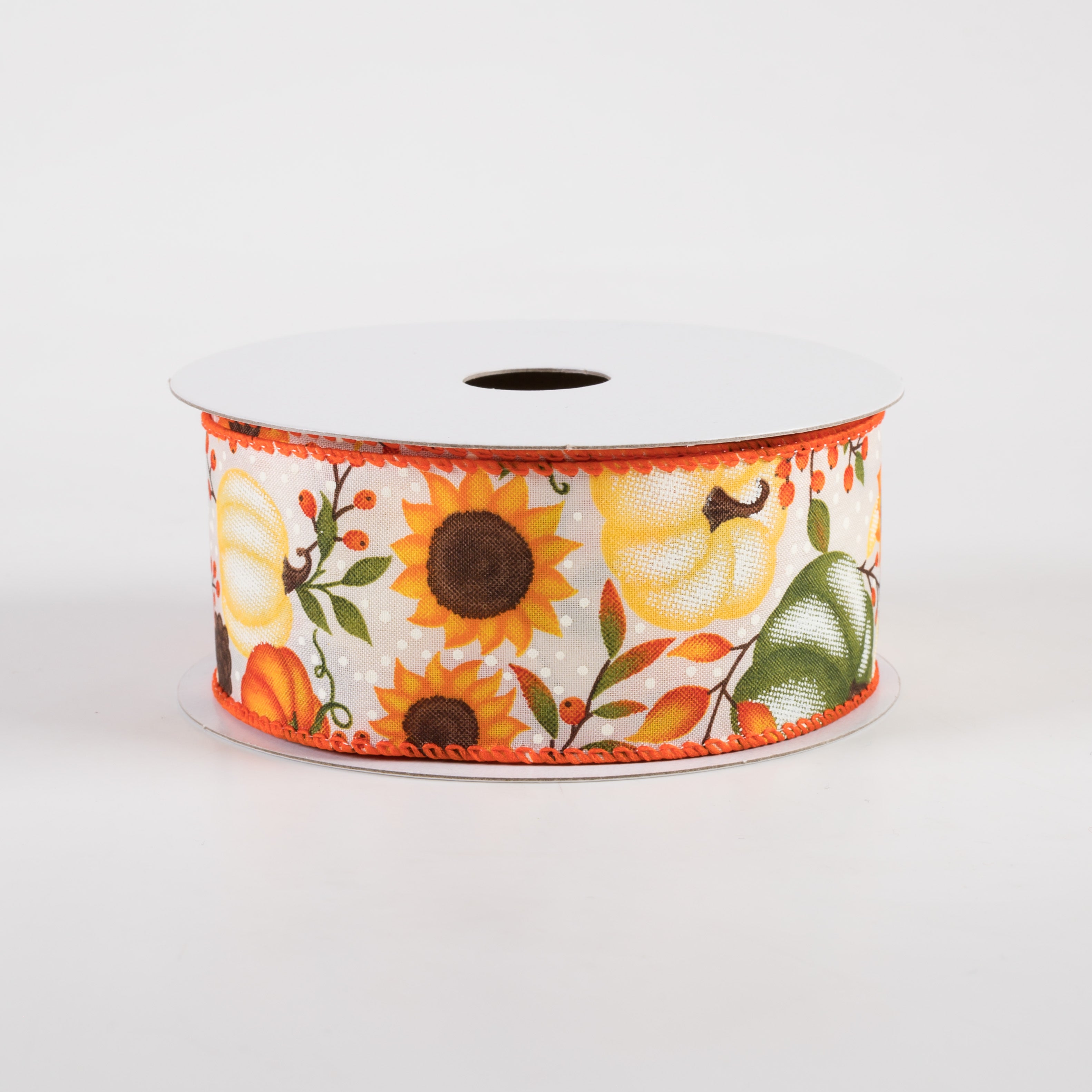 1.5" Satin Pumpkins & Sunflowers Ribbon: Cream (10 Yards)
