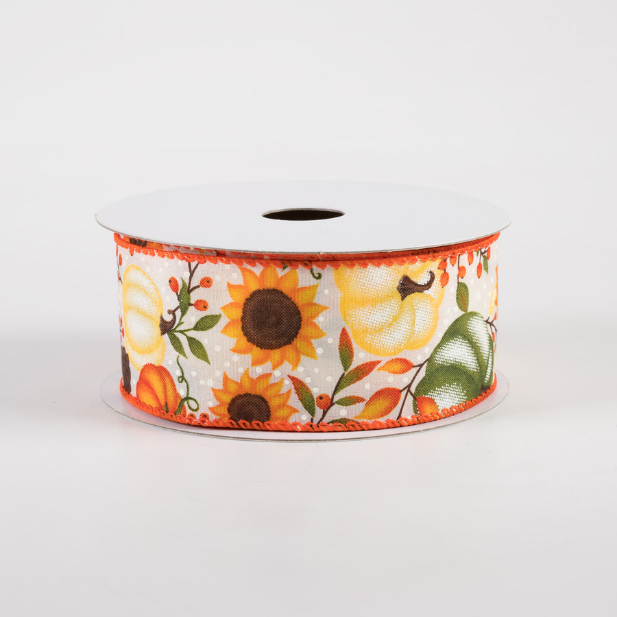 1.5" Satin Pumpkins & Sunflowers Ribbon: Cream (10 Yards)