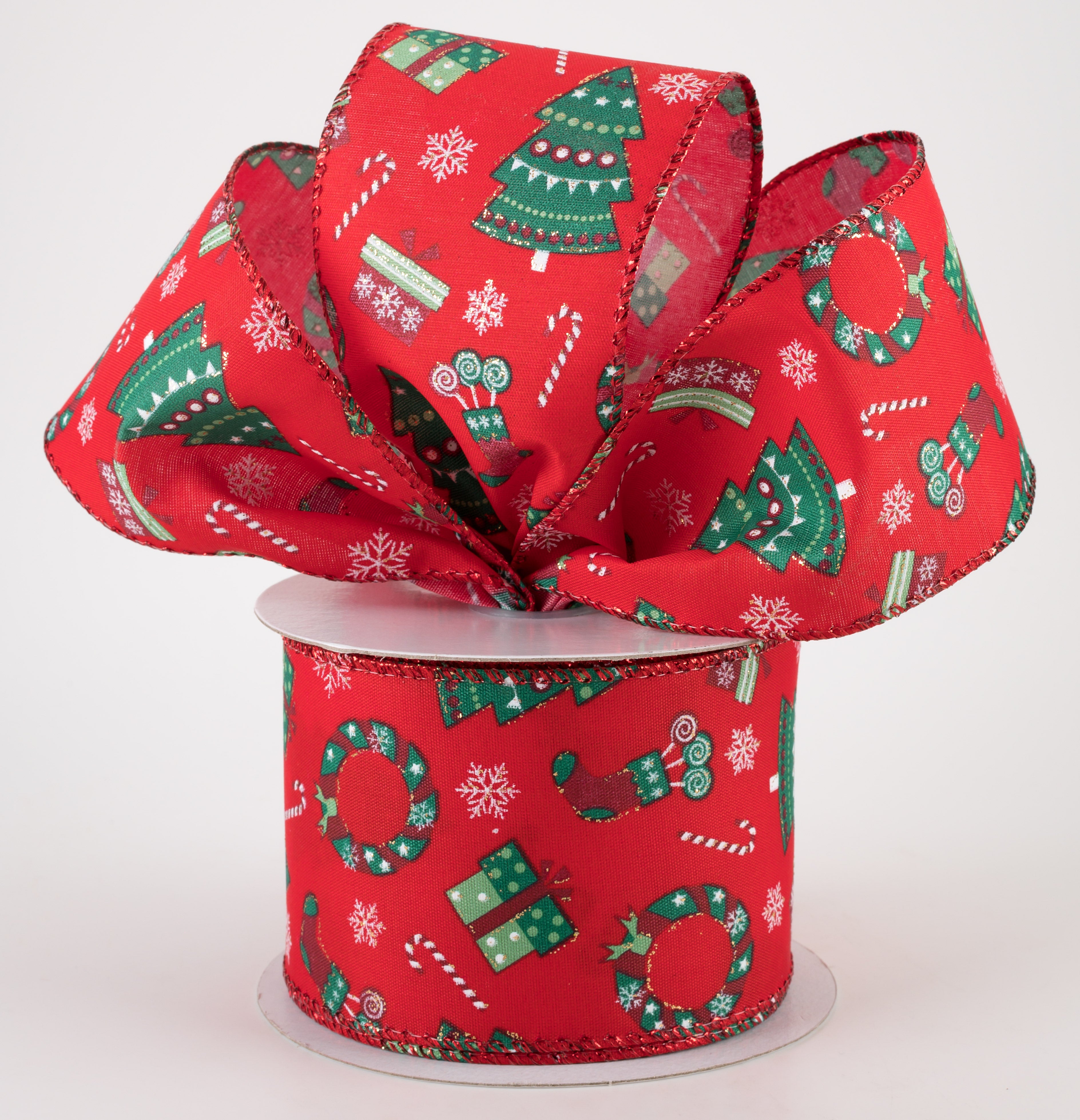 2.5" Satin Retro Christmas Icons Ribbon: Red (10 Yards) Lifestyle Photo