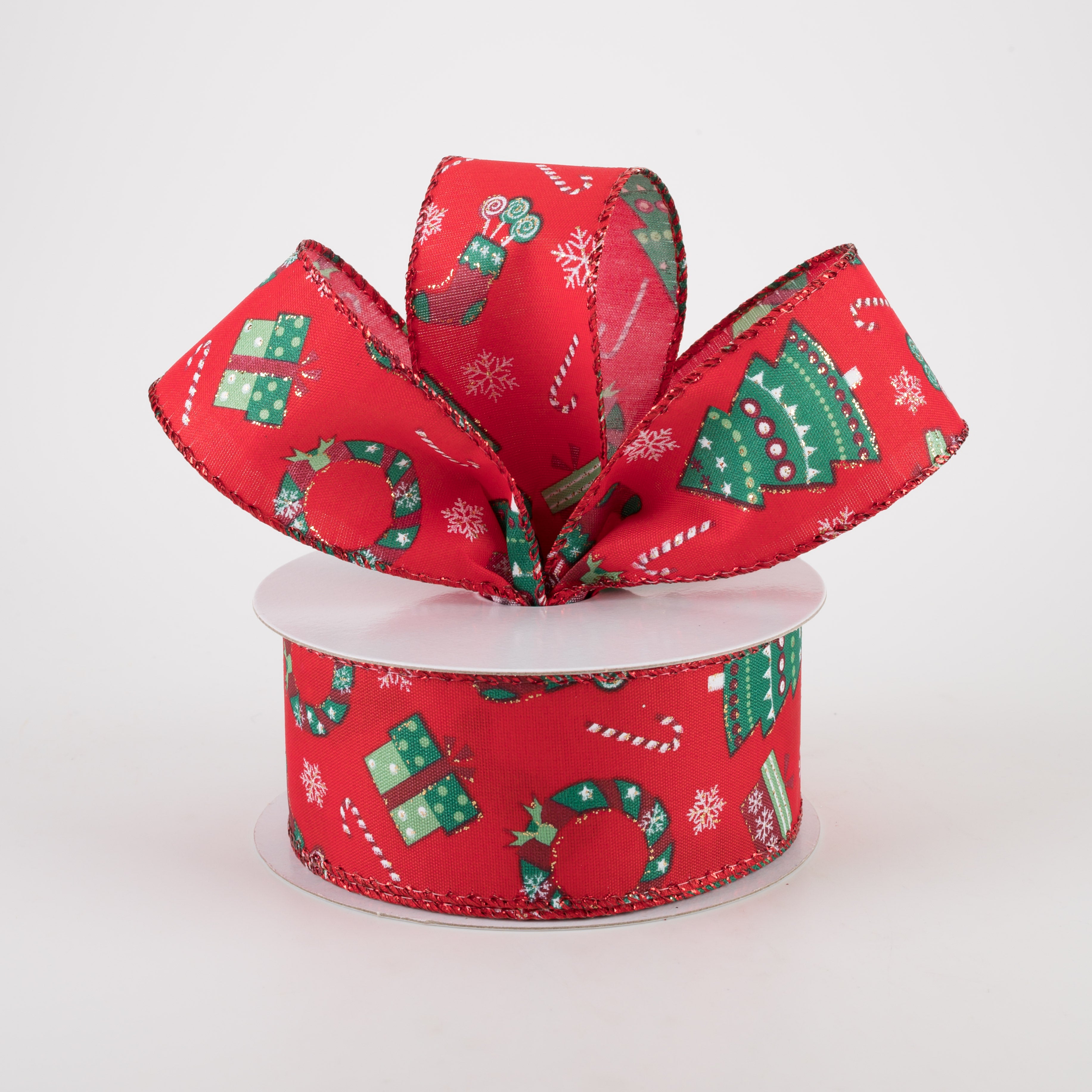 1.5" Satin Retro Christmas Icons Ribbon: Red (10 Yards) Lifestyle Photo