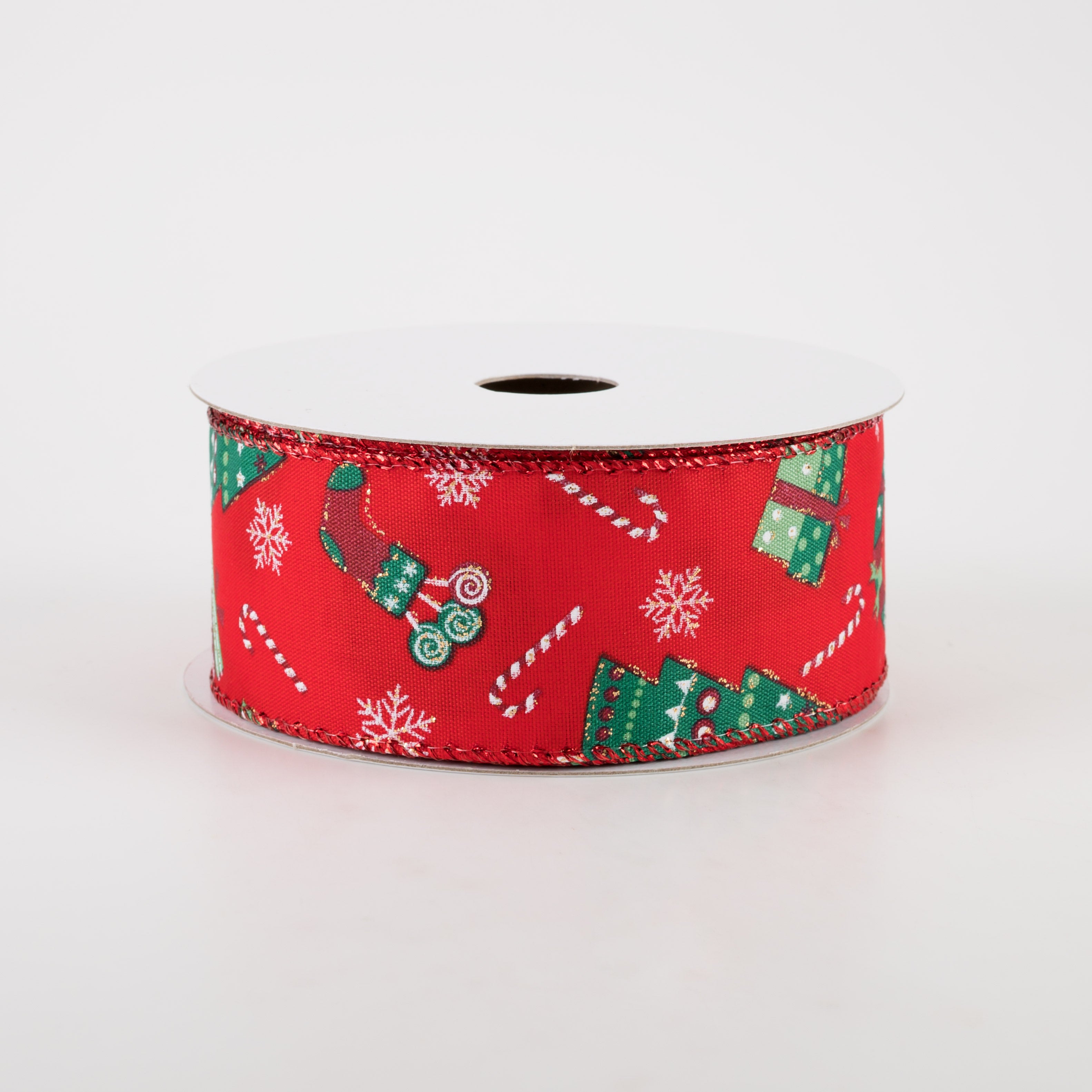 1.5" Satin Retro Christmas Icons Ribbon: Red (10 Yards)
