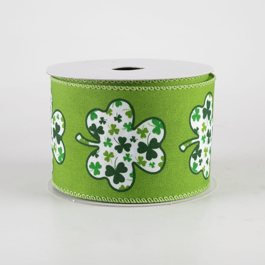 2.5" Satin Shamrock Filled Clover Ribbon: Lime Green (10 Yards) Item Number: 21403-40-29