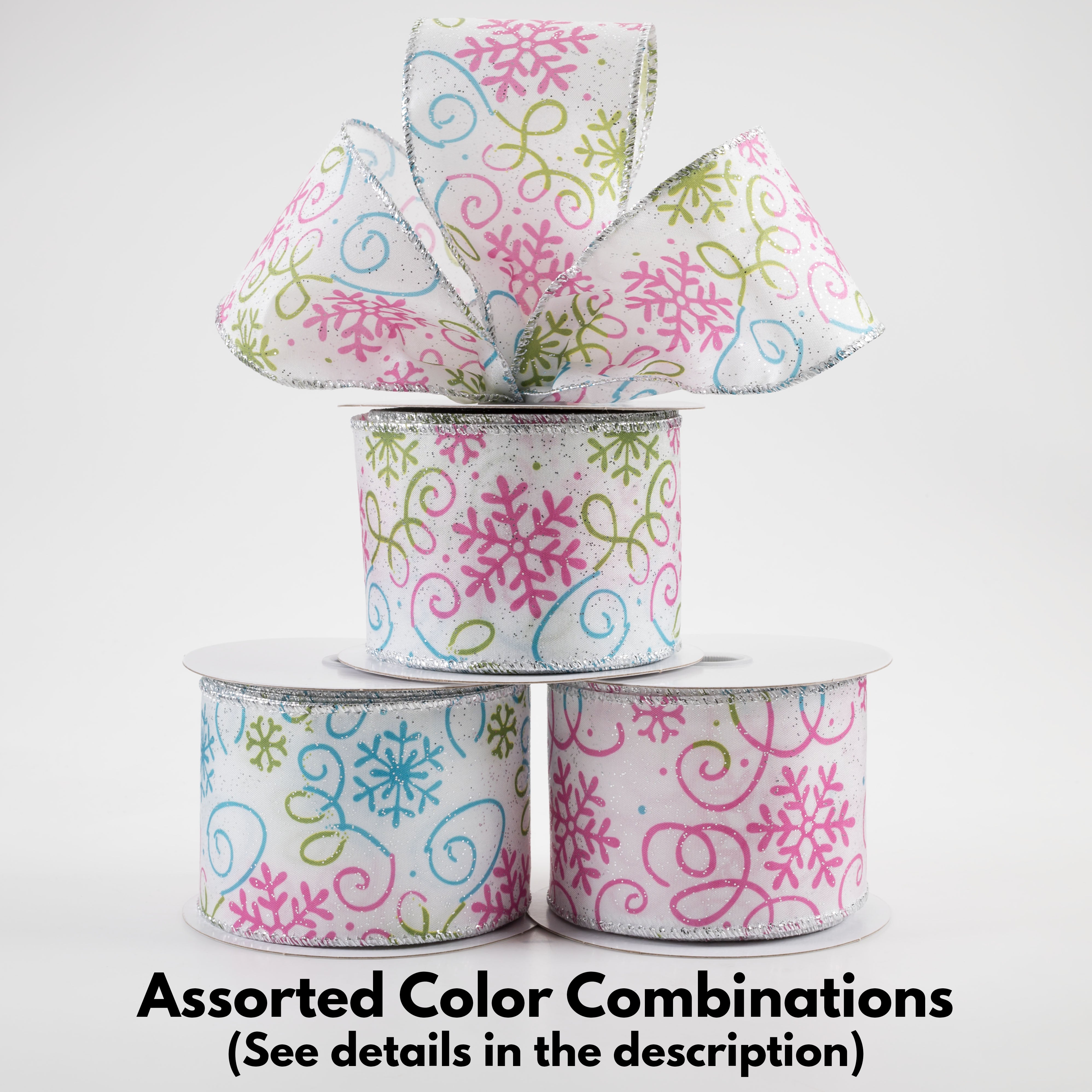 2.5" Satin Snowflake Ribbon: Pink, Green & Blue (10 Yards) Lifestyle Photo