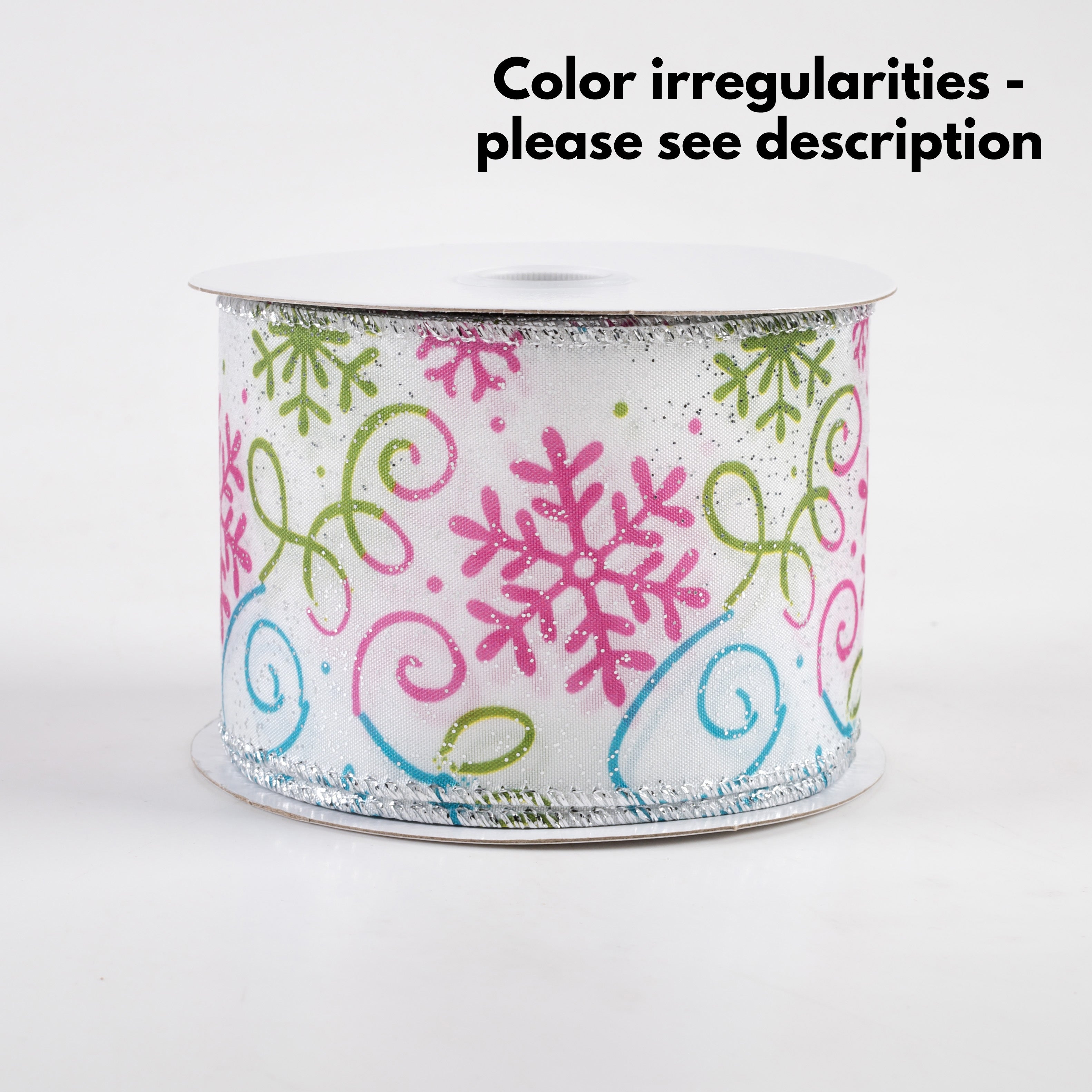2.5" Satin Snowflake Ribbon: Pink, Green & Blue (10 Yards)