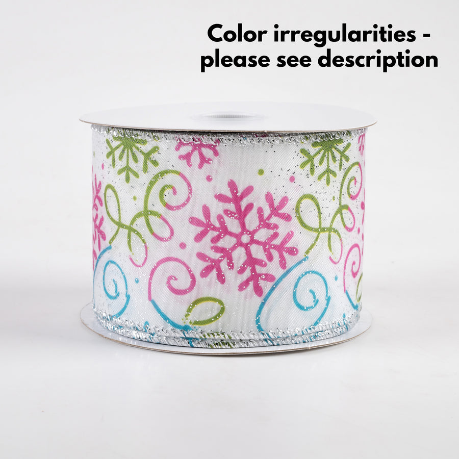 2.5" Satin Snowflake Ribbon: Pink, Green & Blue (10 Yards)